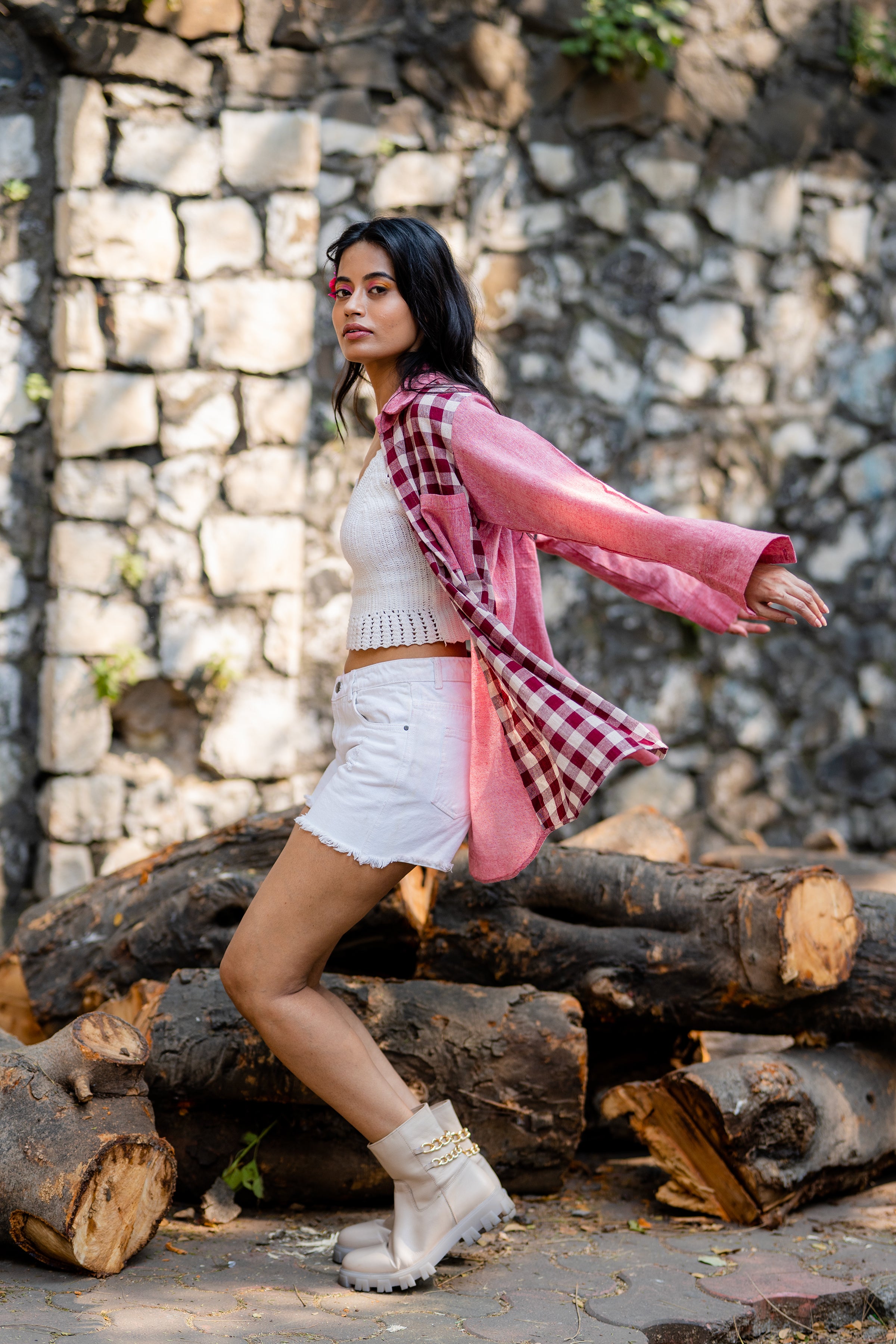 Pink Dual Tone Plaid Shirt with Front Pocket at Kamakhyaa by Krushnachuda. This item is Casual Wear, Checks, Handloom Cotton, Natural Dye, Organic, Pink, Regular Fit, Shirts