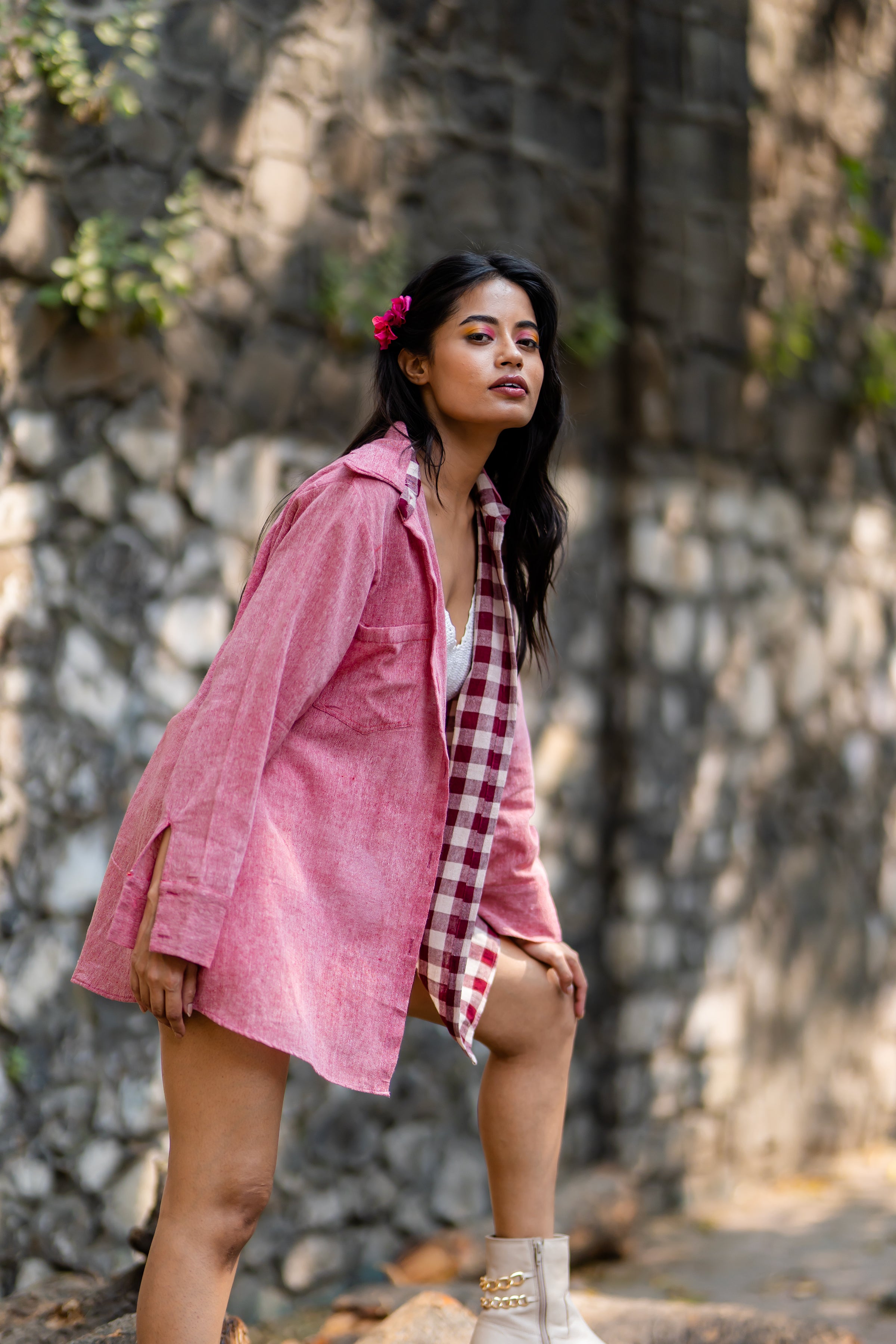 Pink Dual Tone Plaid Shirt with Front Pocket at Kamakhyaa by Krushnachuda. This item is Casual Wear, Checks, Handloom Cotton, Natural Dye, Organic, Pink, Regular Fit, Shirts