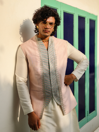 Pink Embroidered Silk Jacket at Kamakhyaa by RoohbyRidhimaa. This item is Aangan By RoohbyRidhimaa, Embroidered, Festive Wear, Jackets, Men Jackets, Menswear By RoohbyRidhimaa, Pink, Regular Fit, Viscose Raw Silk