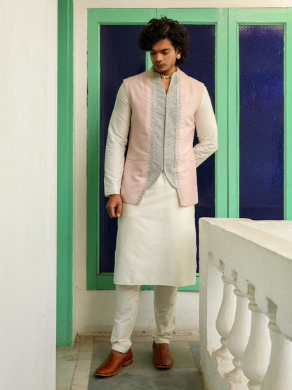 Pink Embroidered Silk Jacket at Kamakhyaa by RoohbyRidhimaa. This item is Aangan By RoohbyRidhimaa, Embroidered, Festive Wear, Jackets, Men Jackets, Menswear By RoohbyRidhimaa, Pink, Regular Fit, Viscose Raw Silk