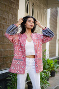 Pink Ikat Print Mandarin Collar Jacket at Kamakhyaa by Krushnachuda. This item is Handloom Cotton, Ikat Print, Jackets, Natural Dye, Organic, Pink, Regular Fit, Work Wear