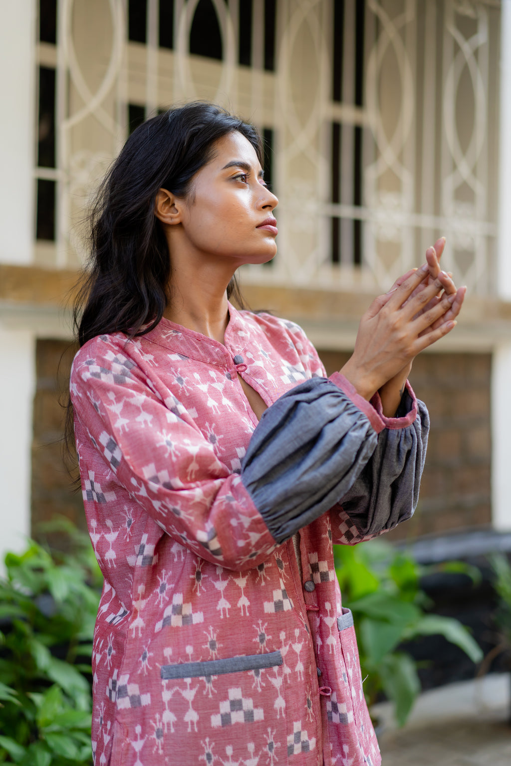 Pink Ikat Print Mandarin Collar Jacket at Kamakhyaa by Krushnachuda. This item is Handloom Cotton, Ikat Print, Jackets, Natural Dye, Organic, Pink, Regular Fit, Work Wear