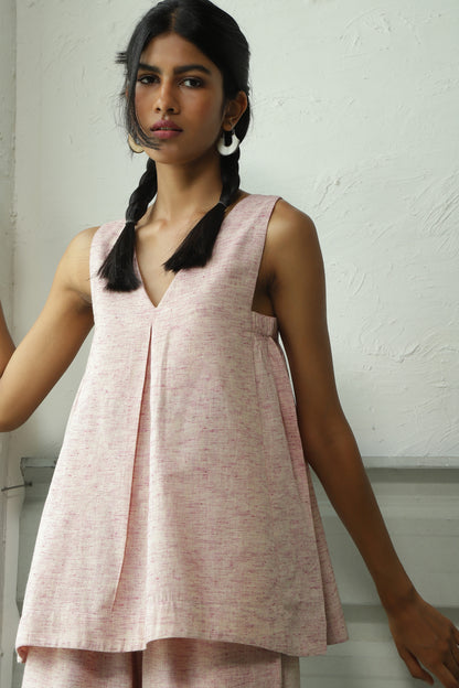 Pink Khadi Cotton Sleeveless Co-Ord Set at Kamakhyaa by Canoopi. This item is Canoopi, Casual Wear, Complete Sets, Khadi, Natural, Pink, Regular Fit, Solids, Vacation Co-ords, Womenswear