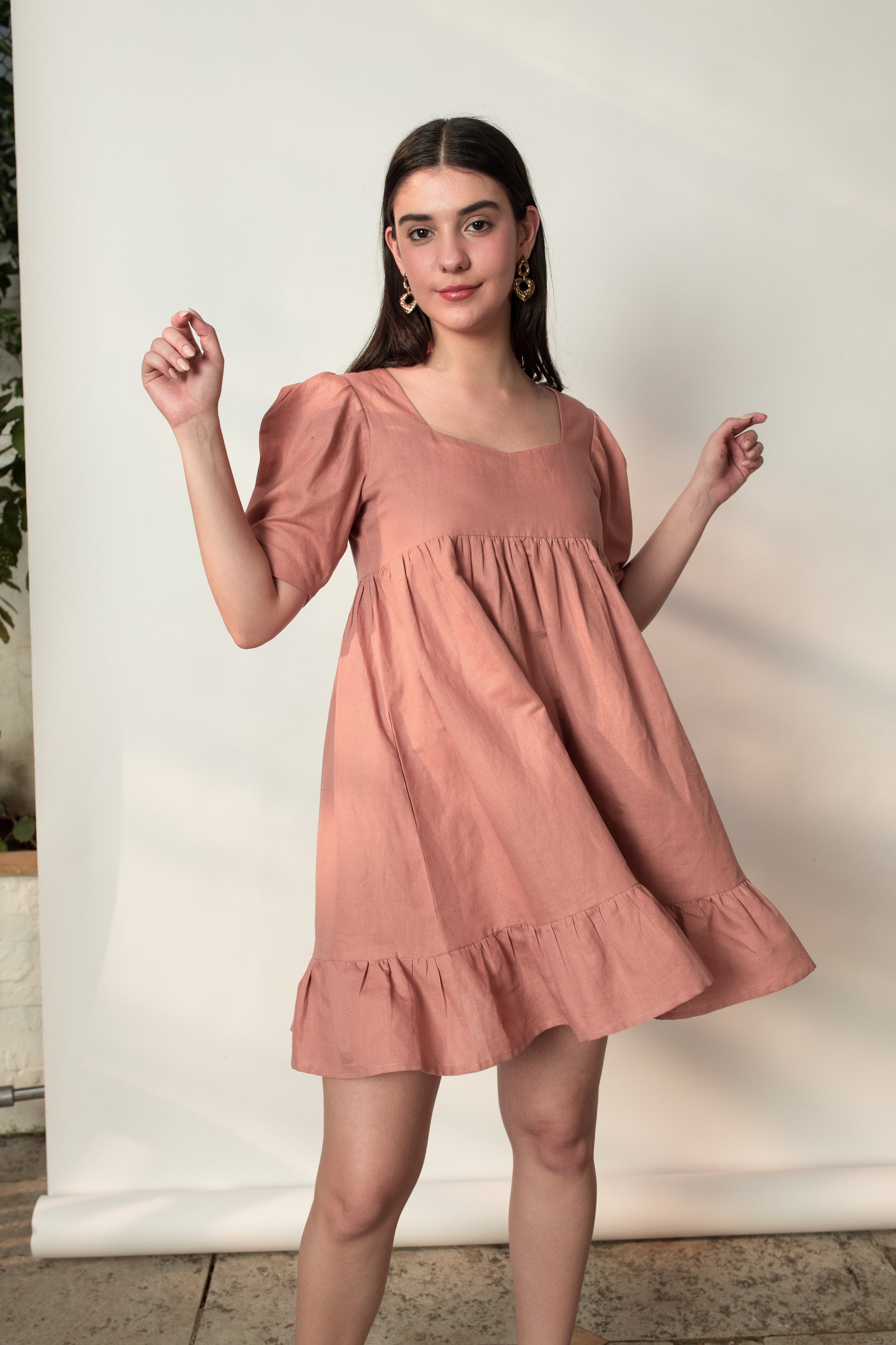 Pink Mini Dress with Pleats at kamakhyaa.com by Anushé Pirani. This item is Birthday Collection, Brunch Wear, Console Collection List, Cotton Hemp, Dresses, Mini Dresses, Nostalgic Whispers by Anushe Pirani, Outing Essentials, Pastels, Pink, Pleats, Review September 2025, Womenswear