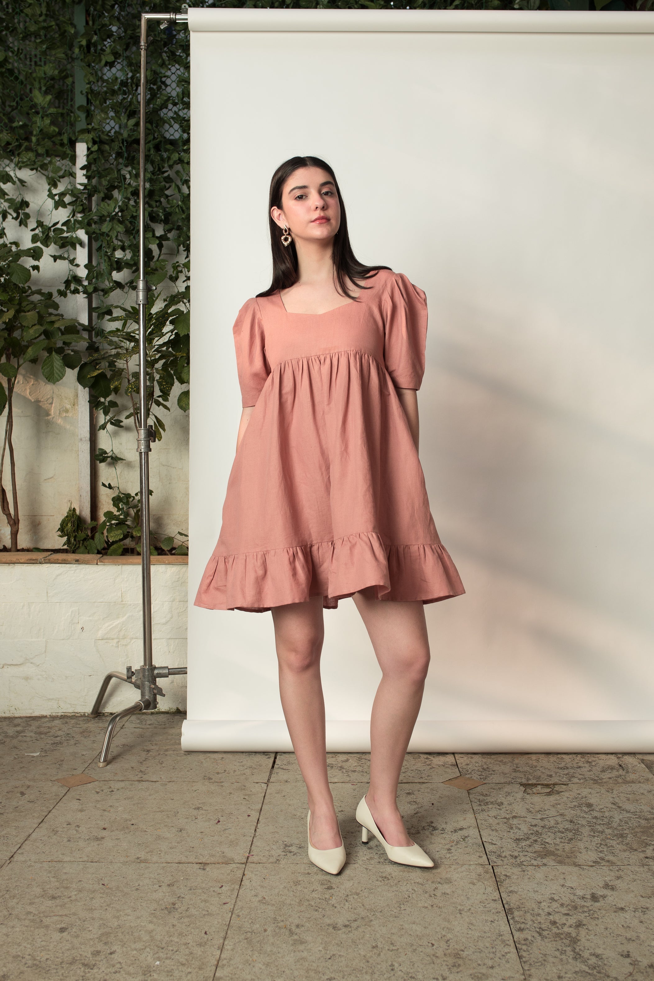 Pink Mini Dress with Pleats at kamakhyaa.com by Anushé Pirani. This item is Birthday Collection, Brunch Wear, Console Collection List, Cotton Hemp, Dresses, Mini Dresses, Nostalgic Whispers by Anushe Pirani, Outing Essentials, Pastels, Pink, Pleats, Review September 2025, Womenswear