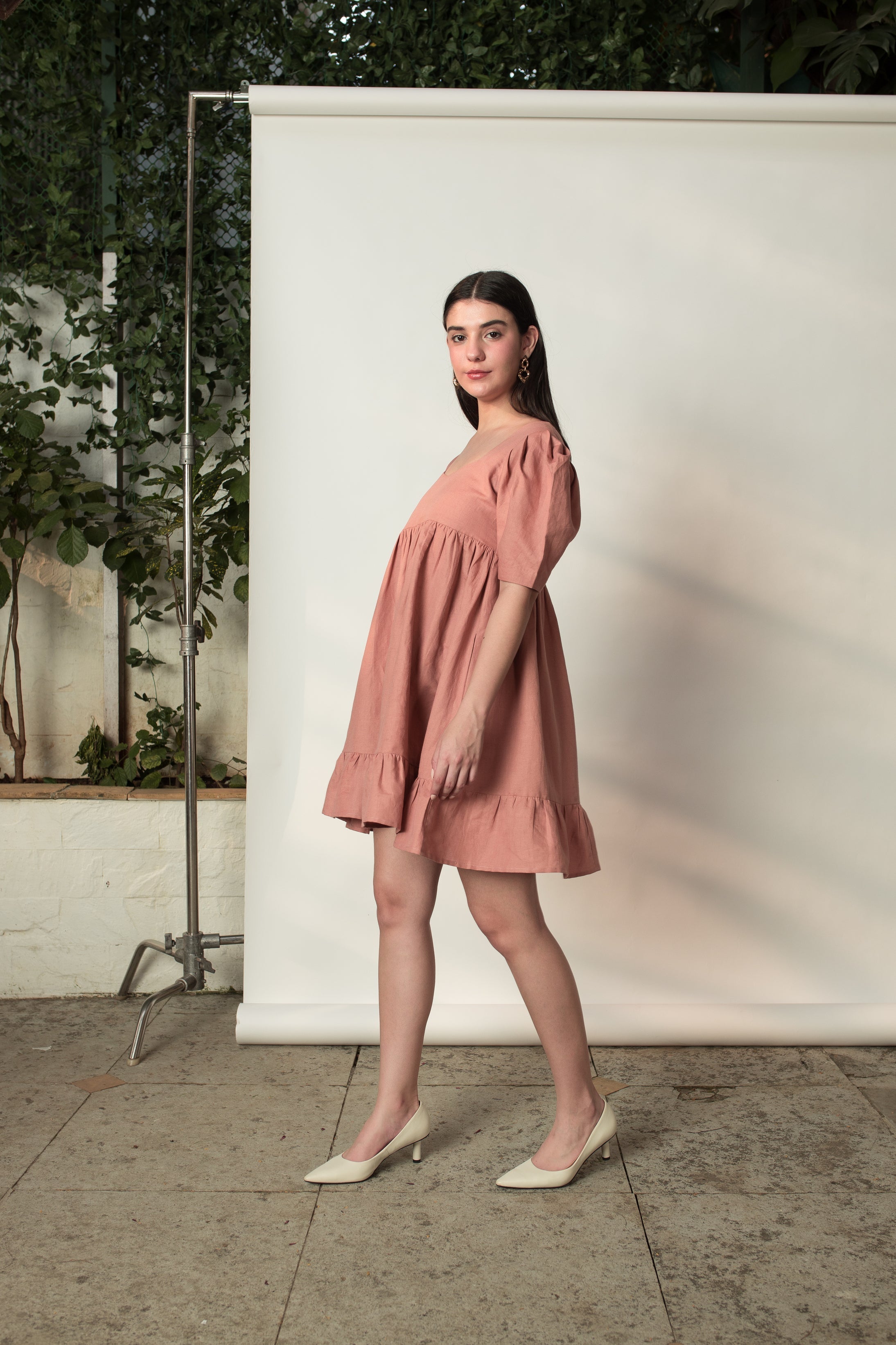 Pink Mini Dress with Pleats at kamakhyaa.com by Anushé Pirani. This item is Birthday Collection, Brunch Wear, Console Collection List, Cotton Hemp, Dresses, Mini Dresses, Nostalgic Whispers by Anushe Pirani, Outing Essentials, Pastels, Pink, Pleats, Review September 2025, Womenswear