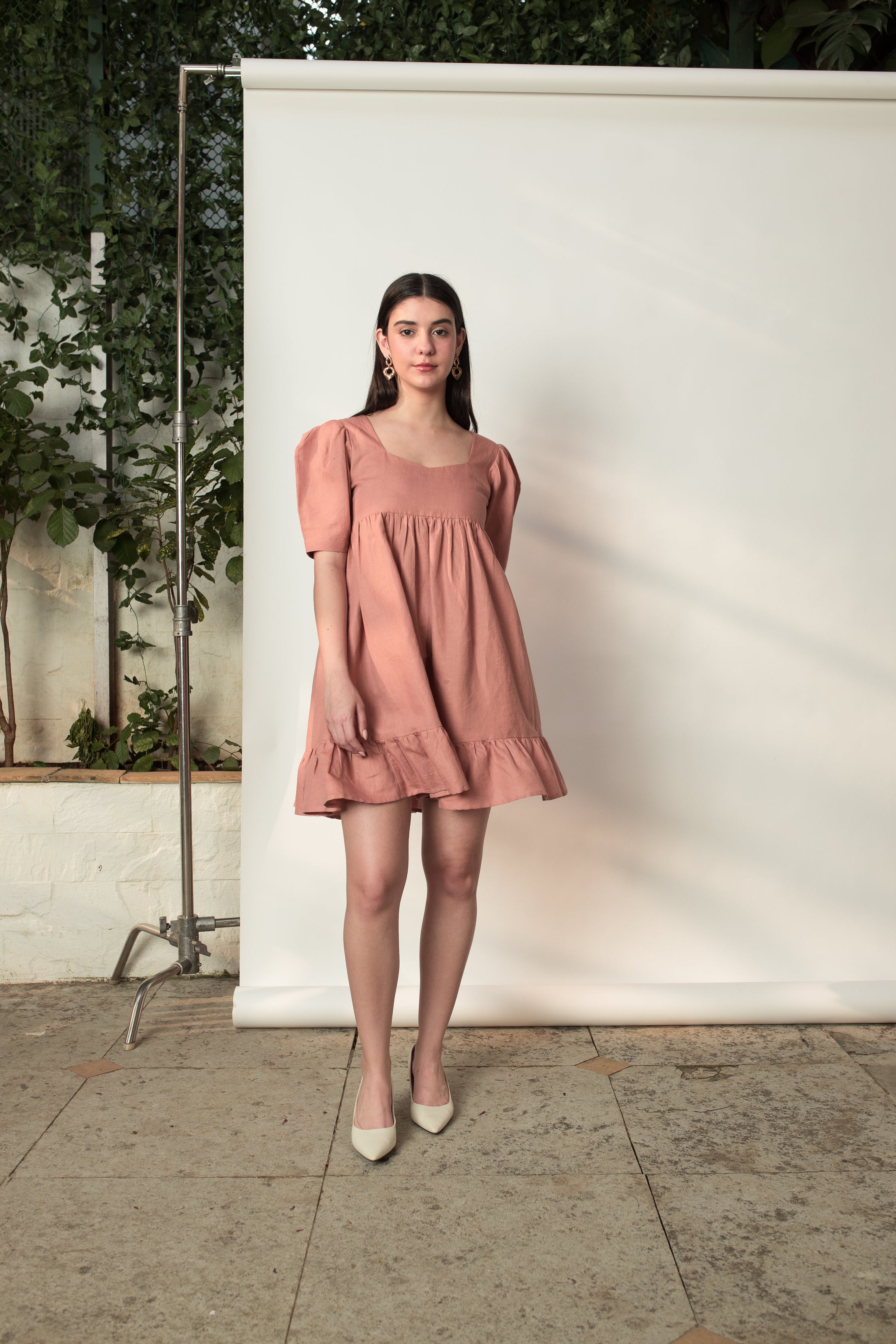Pink Mini Dress with Pleats at kamakhyaa.com by Anushé Pirani. This item is Birthday Collection, Brunch Wear, Console Collection List, Cotton Hemp, Dresses, Mini Dresses, Nostalgic Whispers by Anushe Pirani, Outing Essentials, Pastels, Pink, Pleats, Review September 2025, Womenswear
