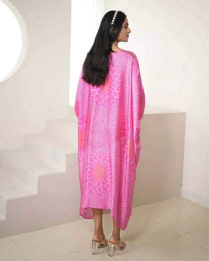 Pink Modal SIlk Satin Free Style Kaftan at Kamakhyaa by Mayura Kumar. This item is Bandhej, Bandhej Bandhini Mixology by Mayura Kumar, Dry clean, Festive Wear, Modal Satin Silk, Pink, Relaxed Fit, Satin Silk, Tie-Dye