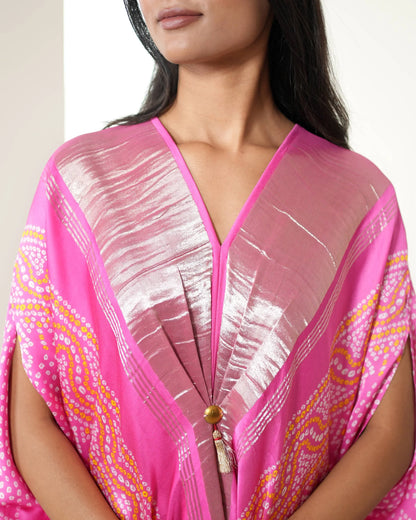 Pink Modal SIlk Satin Free Style Kaftan at Kamakhyaa by Mayura Kumar. This item is Bandhej, Bandhej Bandhini Mixology by Mayura Kumar, Dry clean, Festive Wear, Modal Satin Silk, Pink, Relaxed Fit, Satin Silk, Tie-Dye