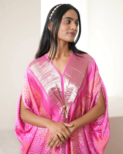 Pink Modal SIlk Satin Free Style Kaftan at Kamakhyaa by Mayura Kumar. This item is Bandhej, Bandhej Bandhini Mixology by Mayura Kumar, Dry clean, Festive Wear, Modal Satin Silk, Pink, Relaxed Fit, Satin Silk, Tie-Dye