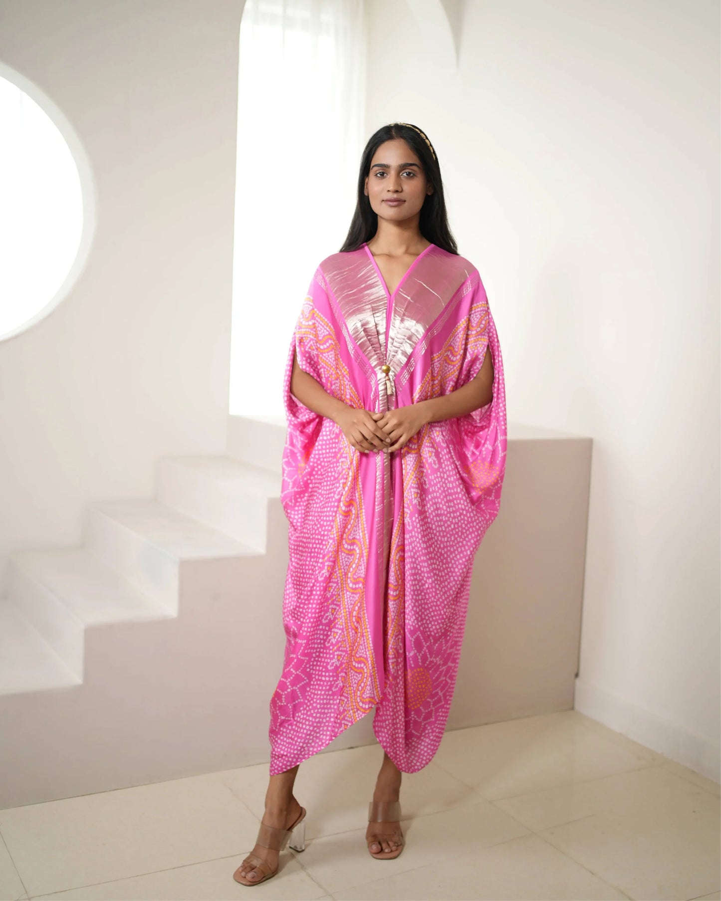 Pink Modal SIlk Satin Free Style Kaftan at Kamakhyaa by Mayura Kumar. This item is Bandhej, Bandhej Bandhini Mixology by Mayura Kumar, Dry clean, Festive Wear, Modal Satin Silk, Pink, Relaxed Fit, Satin Silk, Tie-Dye