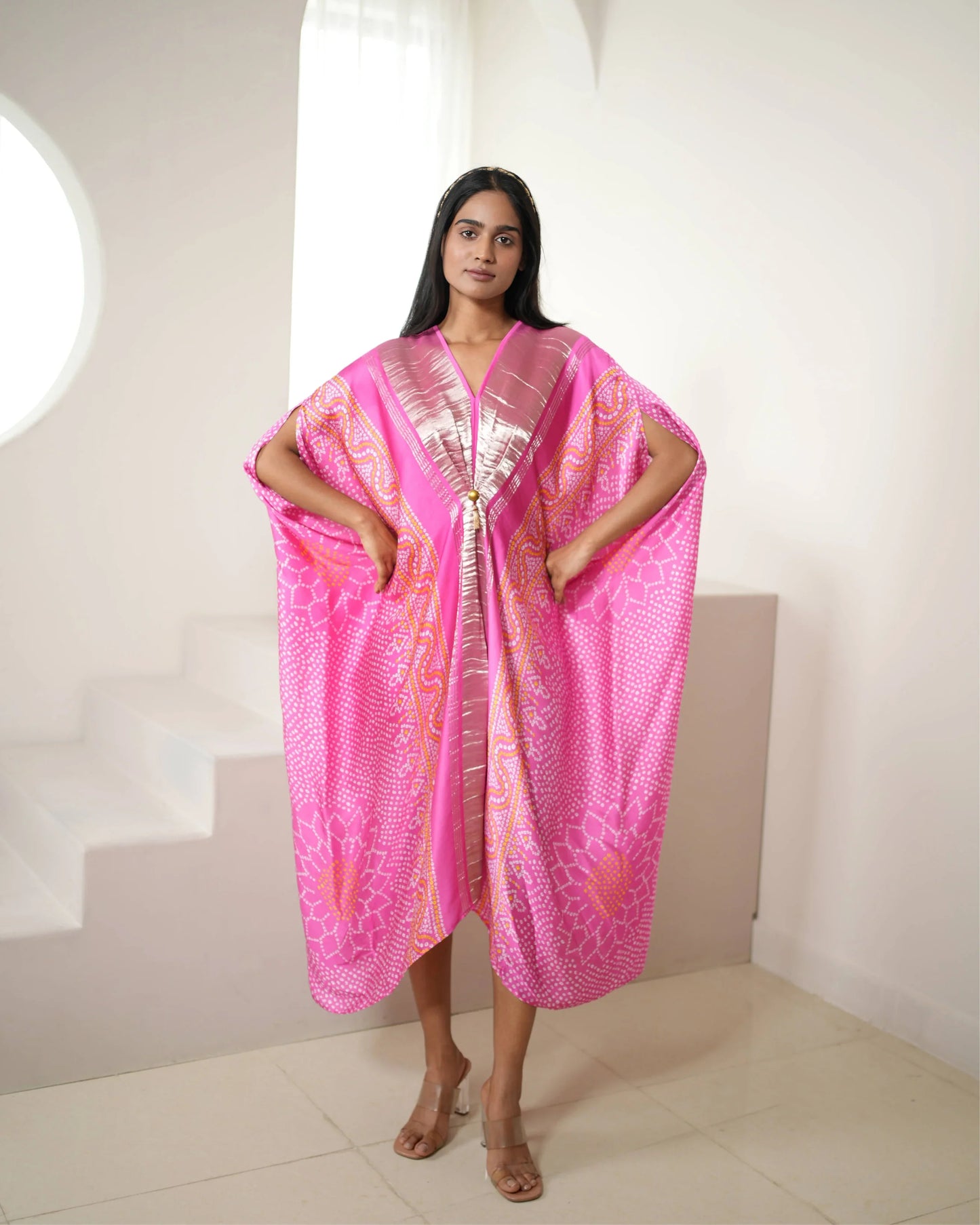 Pink Modal SIlk Satin Free Style Kaftan at Kamakhyaa by Mayura Kumar. This item is Bandhej, Bandhej Bandhini Mixology by Mayura Kumar, Dry clean, Festive Wear, Modal Satin Silk, Pink, Relaxed Fit, Satin Silk, Tie-Dye