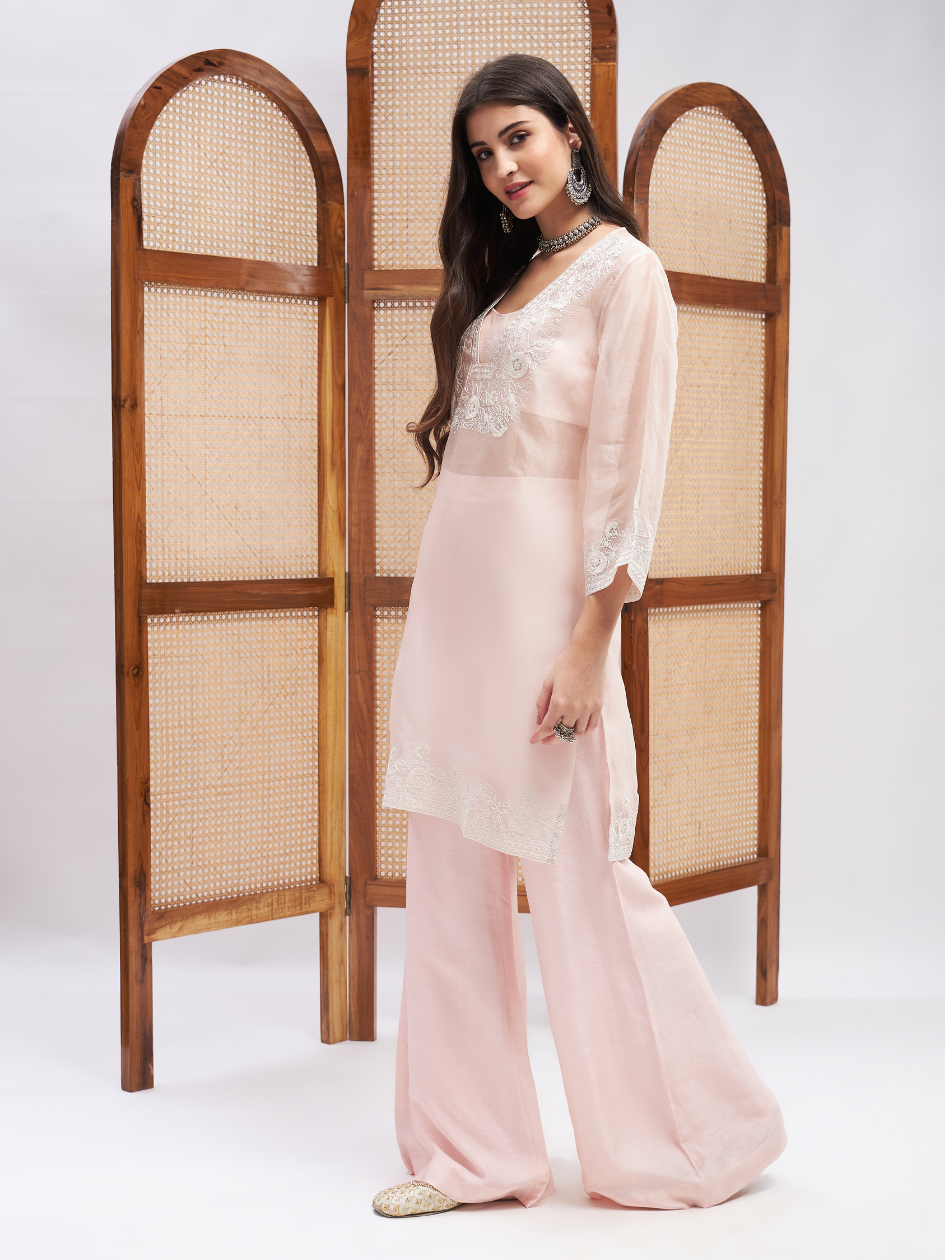 Pink Office Wear Silk Kurta Set at Kamakhyaa by RoohbyRidhimaa. This item is Aari Embroidery, Kurta Sets, Office Wear, Organza, Pink, Regular Fit, Shrugs, Toxin free, Viscose Raw Silk