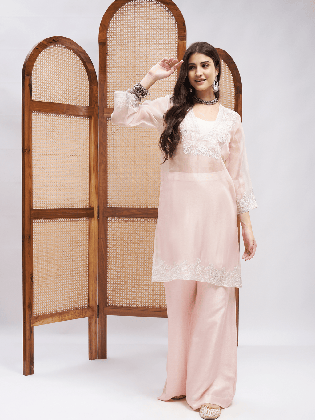 Pink Office Wear Silk Kurta Set at Kamakhyaa by RoohbyRidhimaa. This item is Aari Embroidery, Kurta Sets, Office Wear, Organza, Pink, Regular Fit, Shrugs, Toxin free, Viscose Raw Silk