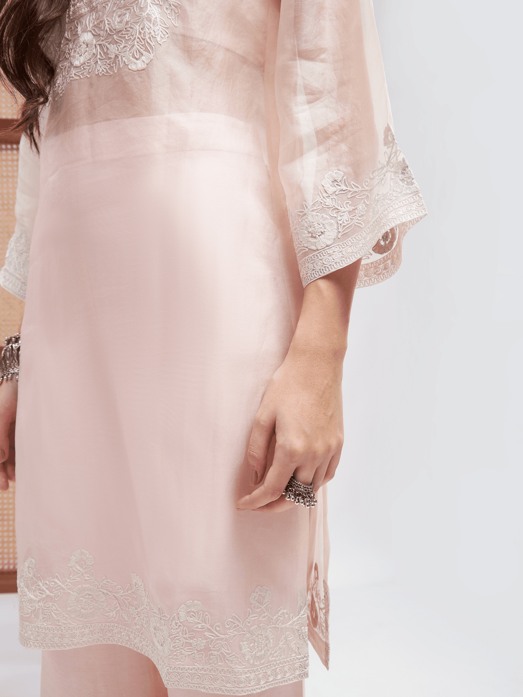 Pink Office Wear Silk Kurta Set at Kamakhyaa by RoohbyRidhimaa. This item is Aari Embroidery, Kurta Sets, Office Wear, Organza, Pink, Regular Fit, Shrugs, Toxin free, Viscose Raw Silk