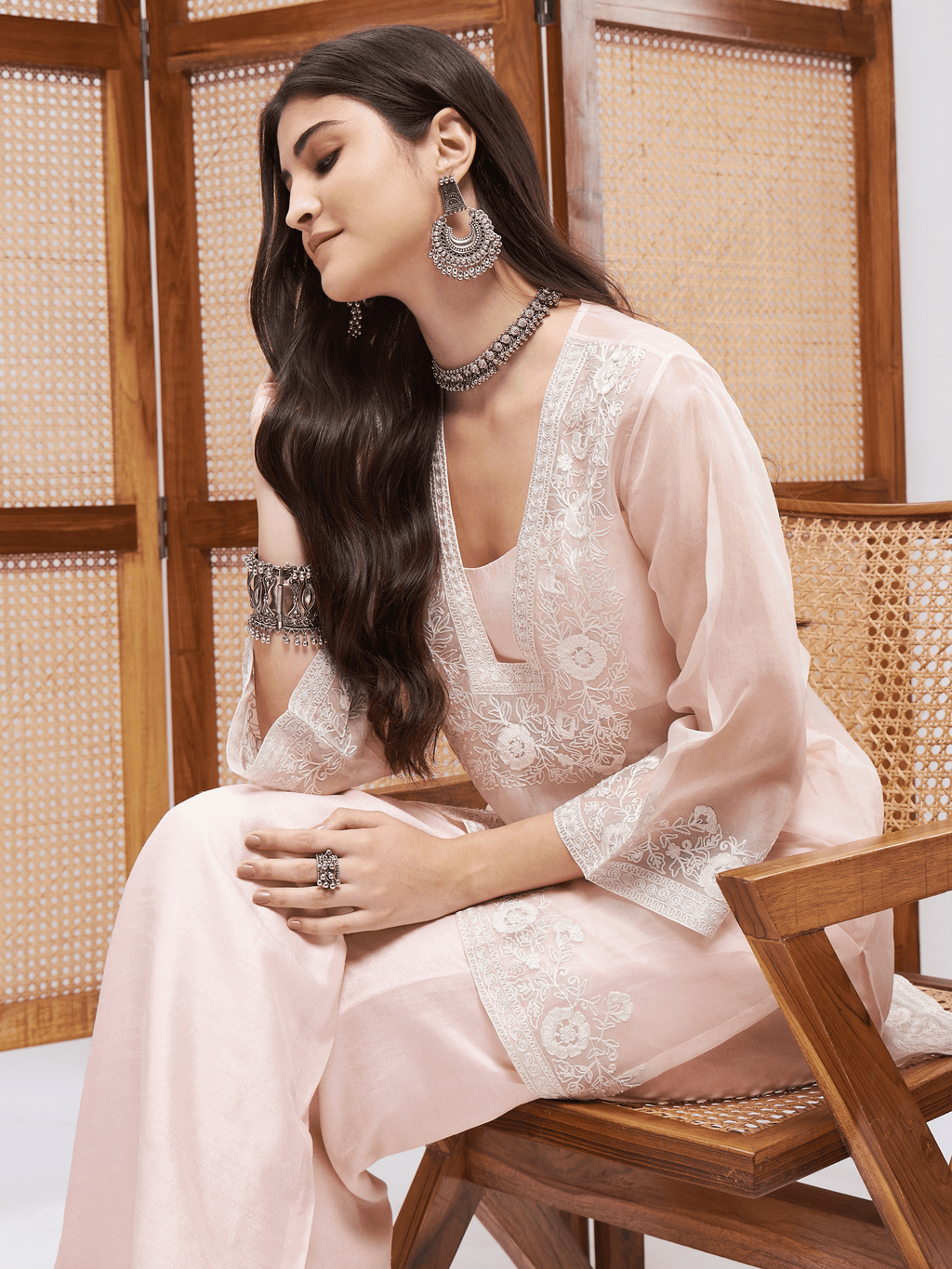 Pink Office Wear Silk Kurta Set at Kamakhyaa by RoohbyRidhimaa. This item is Aari Embroidery, Kurta Sets, Office Wear, Organza, Pink, Regular Fit, Shrugs, Toxin free, Viscose Raw Silk