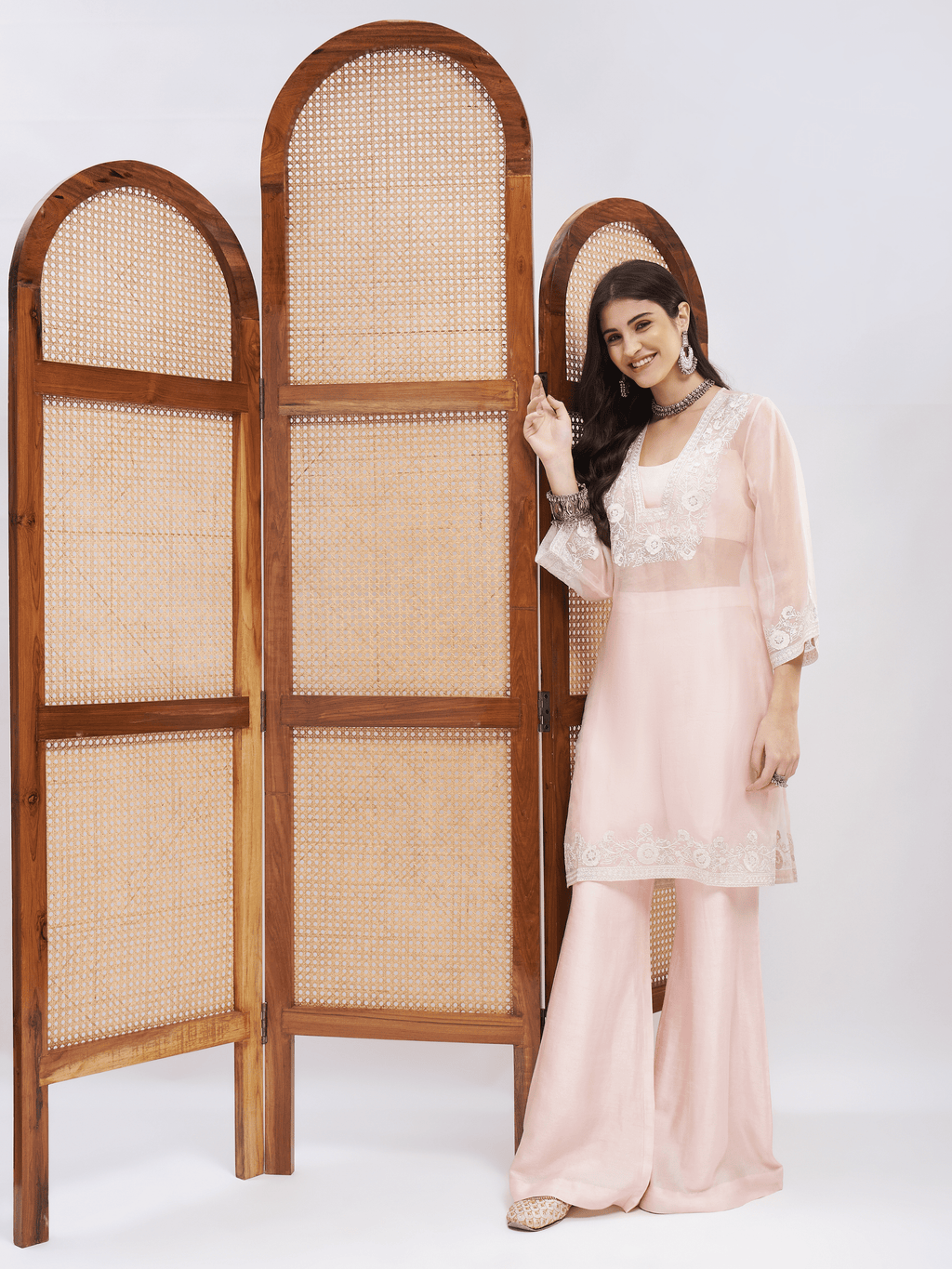 Pink Office Wear Silk Kurta Set at Kamakhyaa by RoohbyRidhimaa. This item is Aari Embroidery, Kurta Sets, Office Wear, Organza, Pink, Regular Fit, Shrugs, Toxin free, Viscose Raw Silk