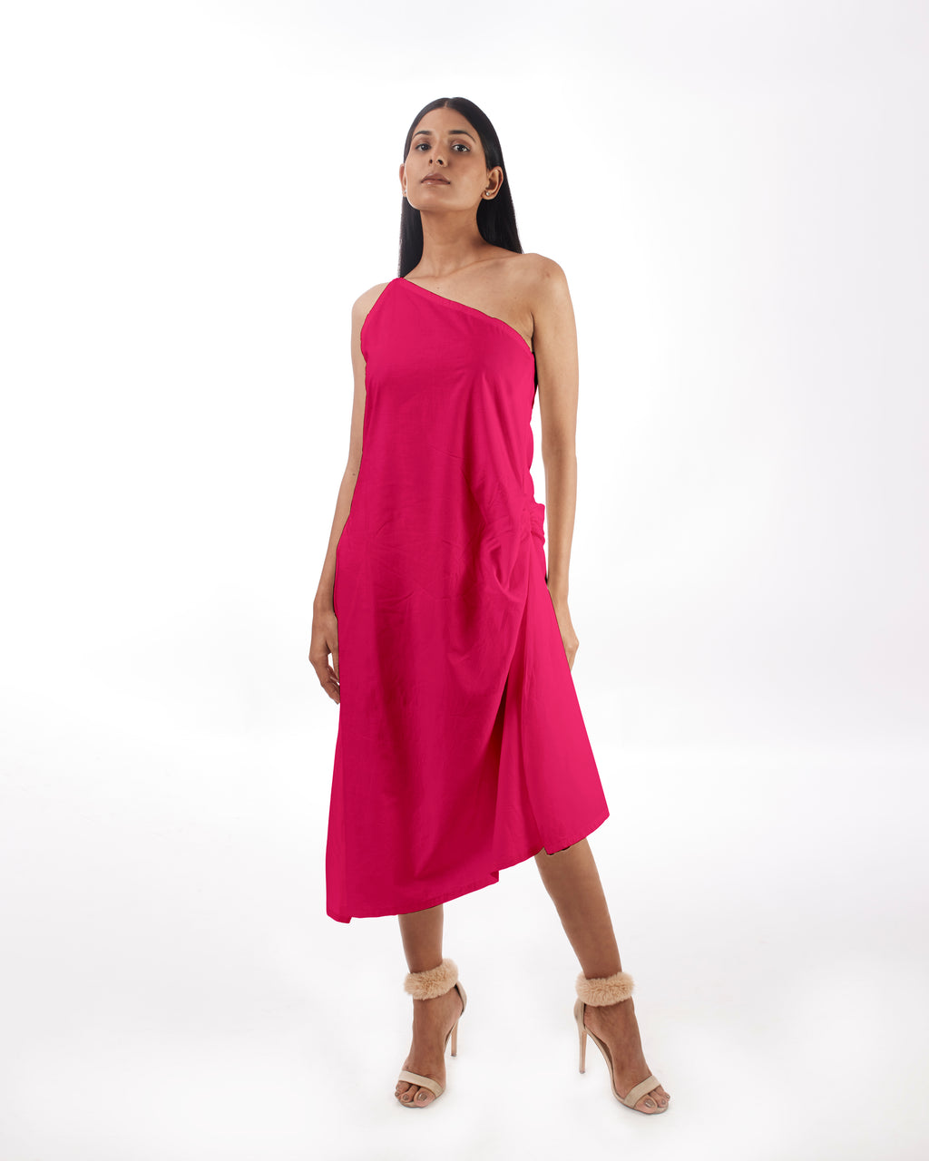 Pink One Shoulder Dress at Kamakhyaa by Kamakhyaa. This item is 100% pure cotton, Evening Wear, KKYSS, Natural, One Shoulder Dresses, Pink, Regular Fit, Solids, Summer Sutra, Womenswear