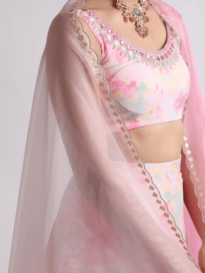 Pink Organza Embroidered Lehenga Set at Kamakhyaa by RoohbyRidhimaa. This item is Embroidered, Festive Wear, Free Size, Lehenga Sets, Organza, Pink, Toxin free, Zari Embroidered