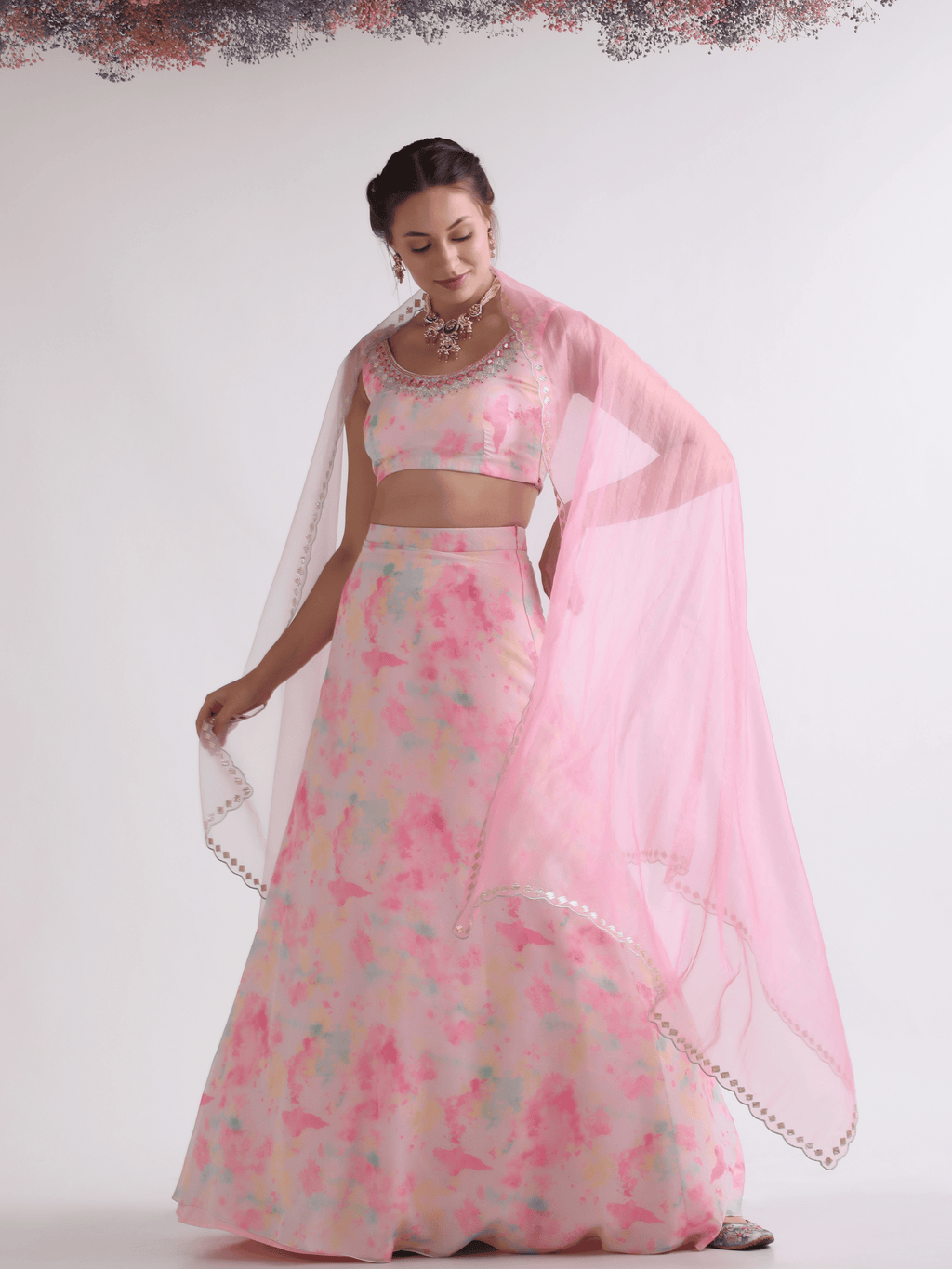 Pink Organza Embroidered Lehenga Set at Kamakhyaa by RoohbyRidhimaa. This item is Embroidered, Festive Wear, Free Size, Lehenga Sets, Organza, Pink, Toxin free, Zari Embroidered