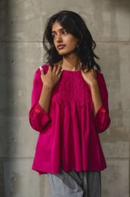 Pink Pintucked Mul Cotton Top at Kamakhyaa by Araayeh. This item is Artisan Made, Casual Wear, Cotton Mul, Pink, Relaxed Fit, Solids, Tunic Tops