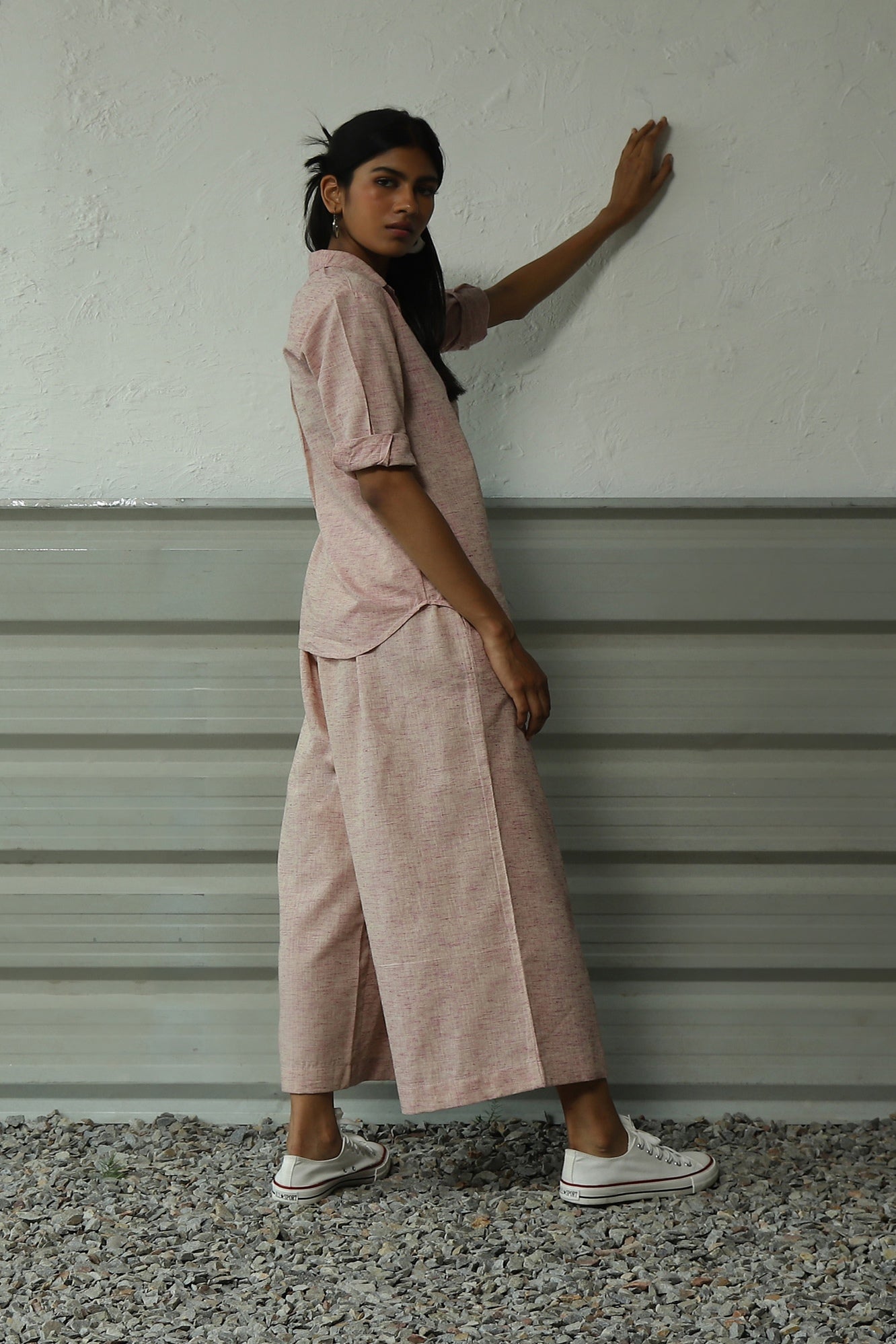 Pink Pleatted Cotton Shirt With Flared Pant Co-ord Set at Kamakhyaa by Canoopi. This item is Canoopi, Casual Wear, Complete Sets, Khadi, Natural, Pink, Regular Fit, Solids, Vacation Co-ords, Womenswear