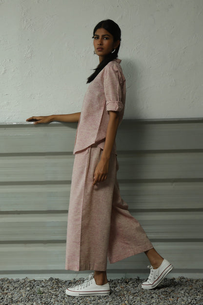 Pink Pleatted Cotton Shirt With Flared Pant Co-ord Set at Kamakhyaa by Canoopi. This item is Canoopi, Casual Wear, Complete Sets, Khadi, Natural, Pink, Regular Fit, Solids, Vacation Co-ords, Womenswear