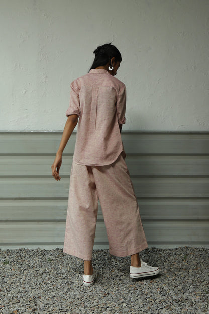 Pink Pleatted Cotton Shirt With Flared Pant Co-ord Set at Kamakhyaa by Canoopi. This item is Canoopi, Casual Wear, Complete Sets, Khadi, Natural, Pink, Regular Fit, Solids, Vacation Co-ords, Womenswear