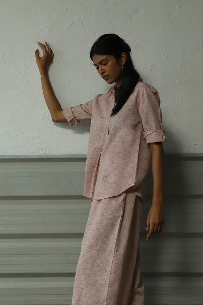 Pink Pleatted Cotton Shirt With Flared Pant Co-ord Set at Kamakhyaa by Canoopi. This item is Canoopi, Casual Wear, Complete Sets, Khadi, Natural, Pink, Regular Fit, Solids, Vacation Co-ords, Womenswear