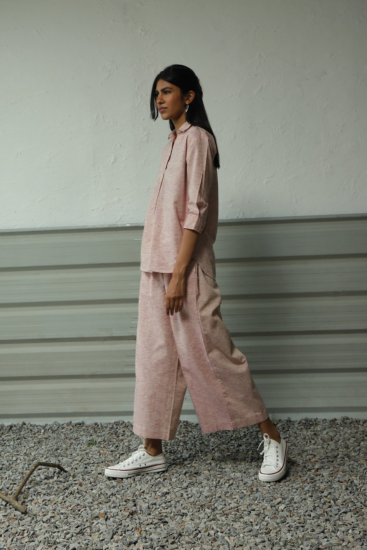 Pink Pleatted Cotton Shirt With Flared Pant Co-ord Set at Kamakhyaa by Canoopi. This item is Canoopi, Casual Wear, Complete Sets, Khadi, Natural, Pink, Regular Fit, Solids, Vacation Co-ords, Womenswear