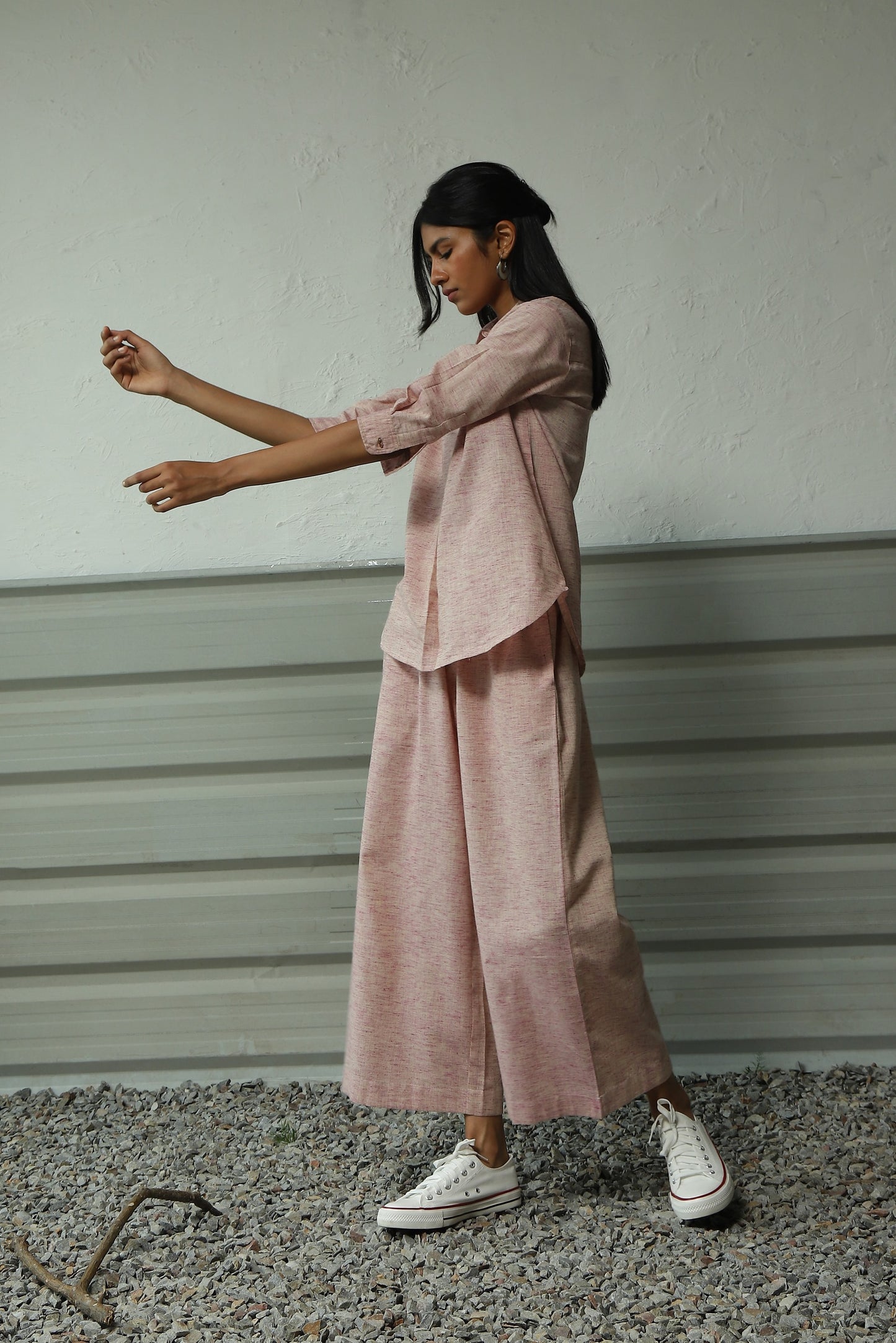 Pink Pleatted Cotton Shirt With Flared Pant Co-ord Set at Kamakhyaa by Canoopi. This item is Canoopi, Casual Wear, Complete Sets, Khadi, Natural, Pink, Regular Fit, Solids, Vacation Co-ords, Womenswear