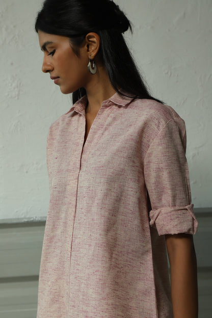Pink Pleatted Cotton Shirt With Flared Pant Co-ord Set at Kamakhyaa by Canoopi. This item is Canoopi, Casual Wear, Complete Sets, Khadi, Natural, Pink, Regular Fit, Solids, Vacation Co-ords, Womenswear