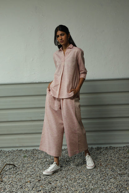 Pink Pleatted Cotton Shirt With Flared Pant Co-ord Set at Kamakhyaa by Canoopi. This item is Canoopi, Casual Wear, Complete Sets, Khadi, Natural, Pink, Regular Fit, Solids, Vacation Co-ords, Womenswear