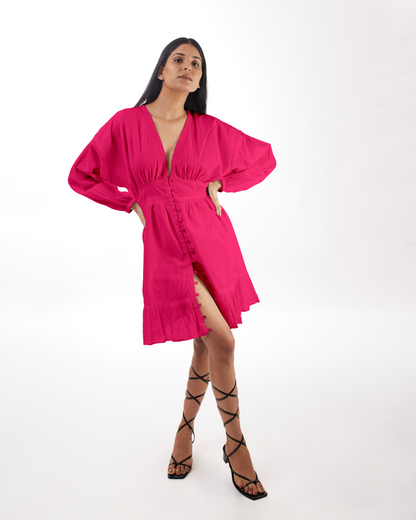 Pink Plunge Neck Dress at Kamakhyaa by Kamakhyaa. This item is 100% pure cotton, Casual Wear, FB ADS JUNE, KKYSS, Mini Dresses, Natural, Pink, Relaxed Fit, Solids, Summer Sutra, Womenswear