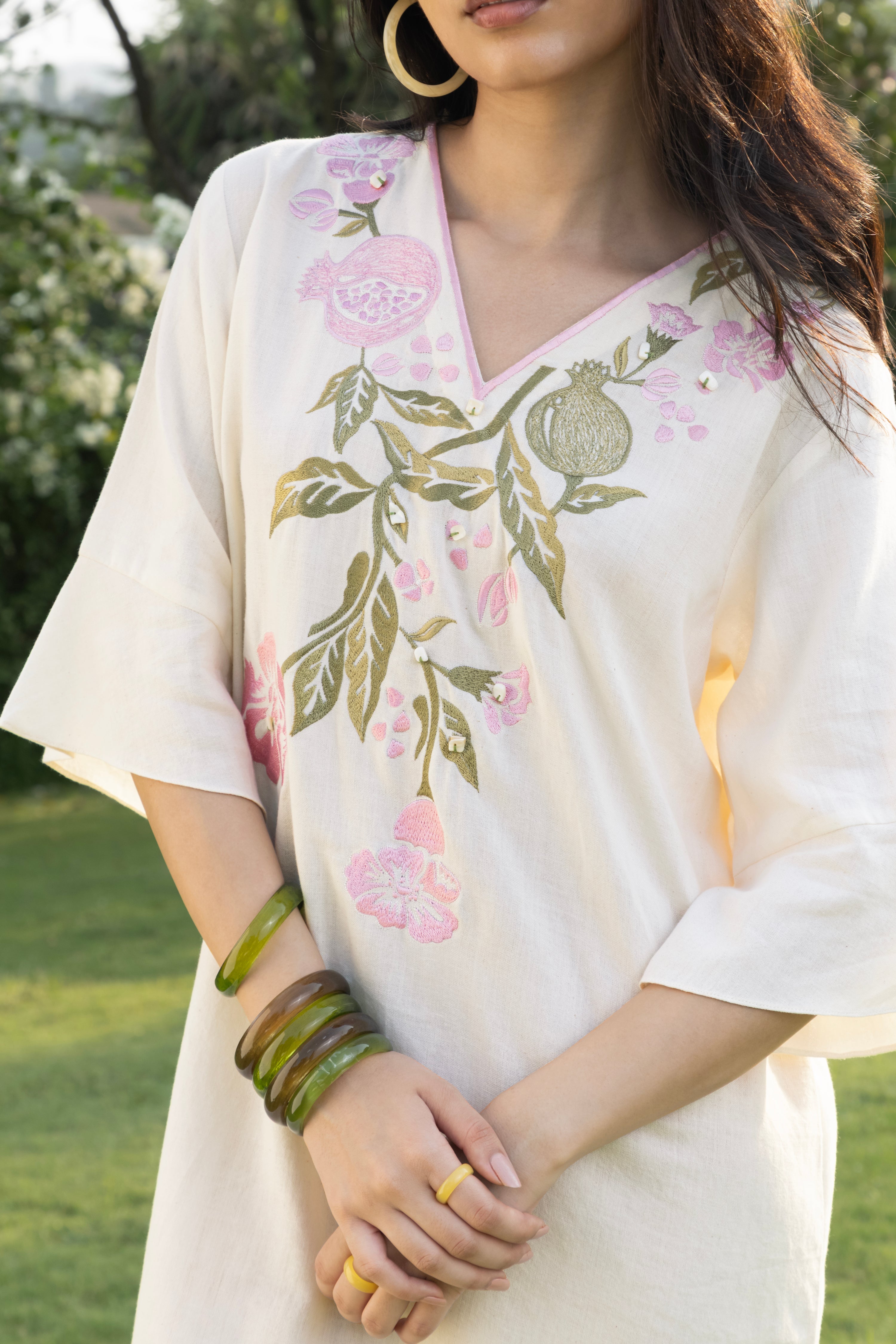 Pink Pomegranate Embroidered Short Kaftan Dress at kamakhyaa.com by Akashi Clothing. This item is Cosmos by Akashi Clothing, Internal Tags Missing, Under $100