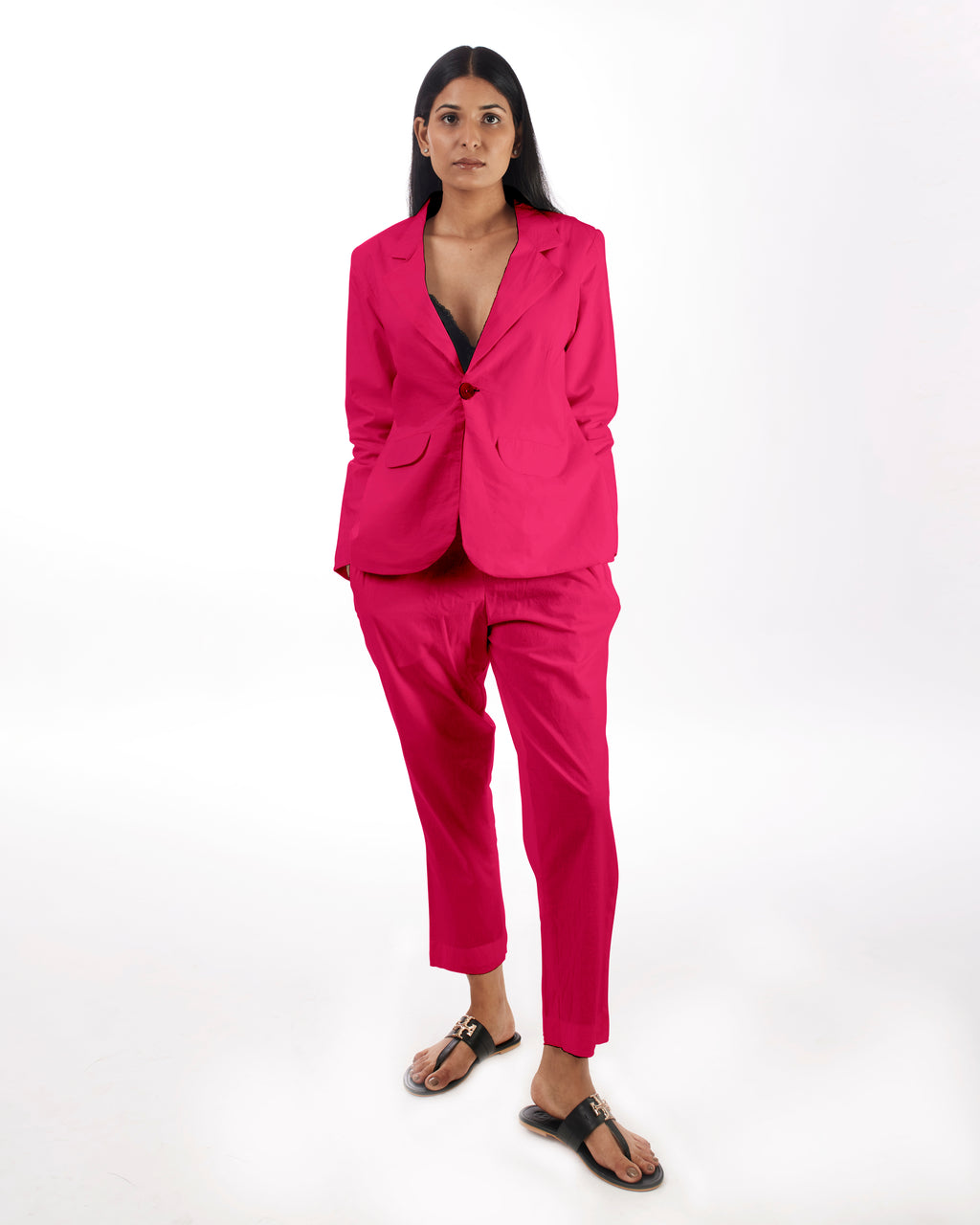 Pink Power Suit Co-ord at Kamakhyaa by Kamakhyaa. This item is 100% pure cotton, Co-ord Sets, KKYSS, Natural, Office, Office Wear, Office Wear Co-ords, Pink, Regular Fit, Solids, Summer Sutra, Womenswear