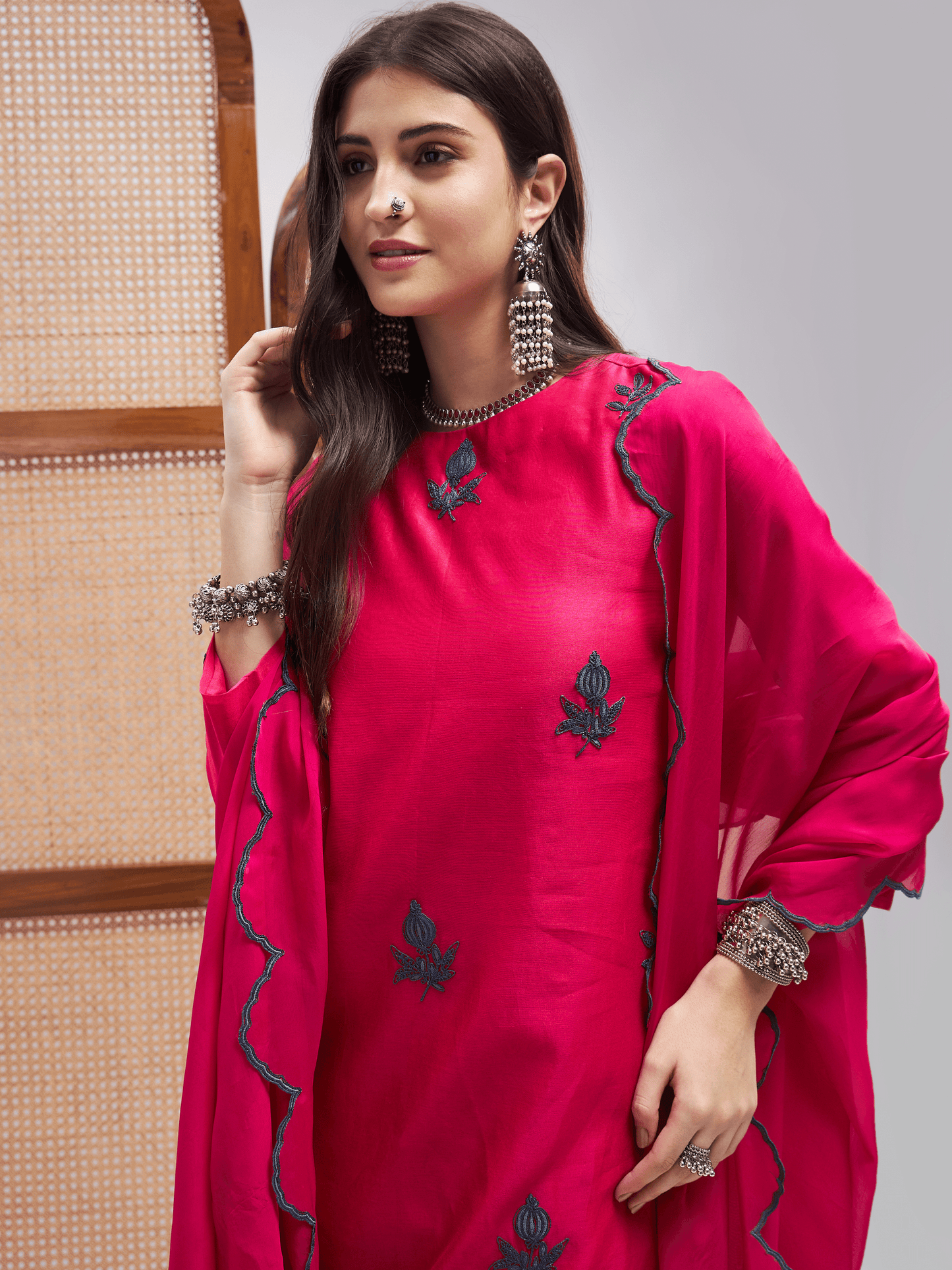 Pink Resham Embroidered Festive Wear Kurta Set with Dupatta at Kamakhyaa by RoohbyRidhimaa. This item is Chanderi Silk, Dupattas, Embroidered, Festive Wear, Kurta Set with Dupattas, Kurta Sets, Pink, Relaxed Fit, Resham, Resham Embroidered, Silk Chanderi, Toxin free