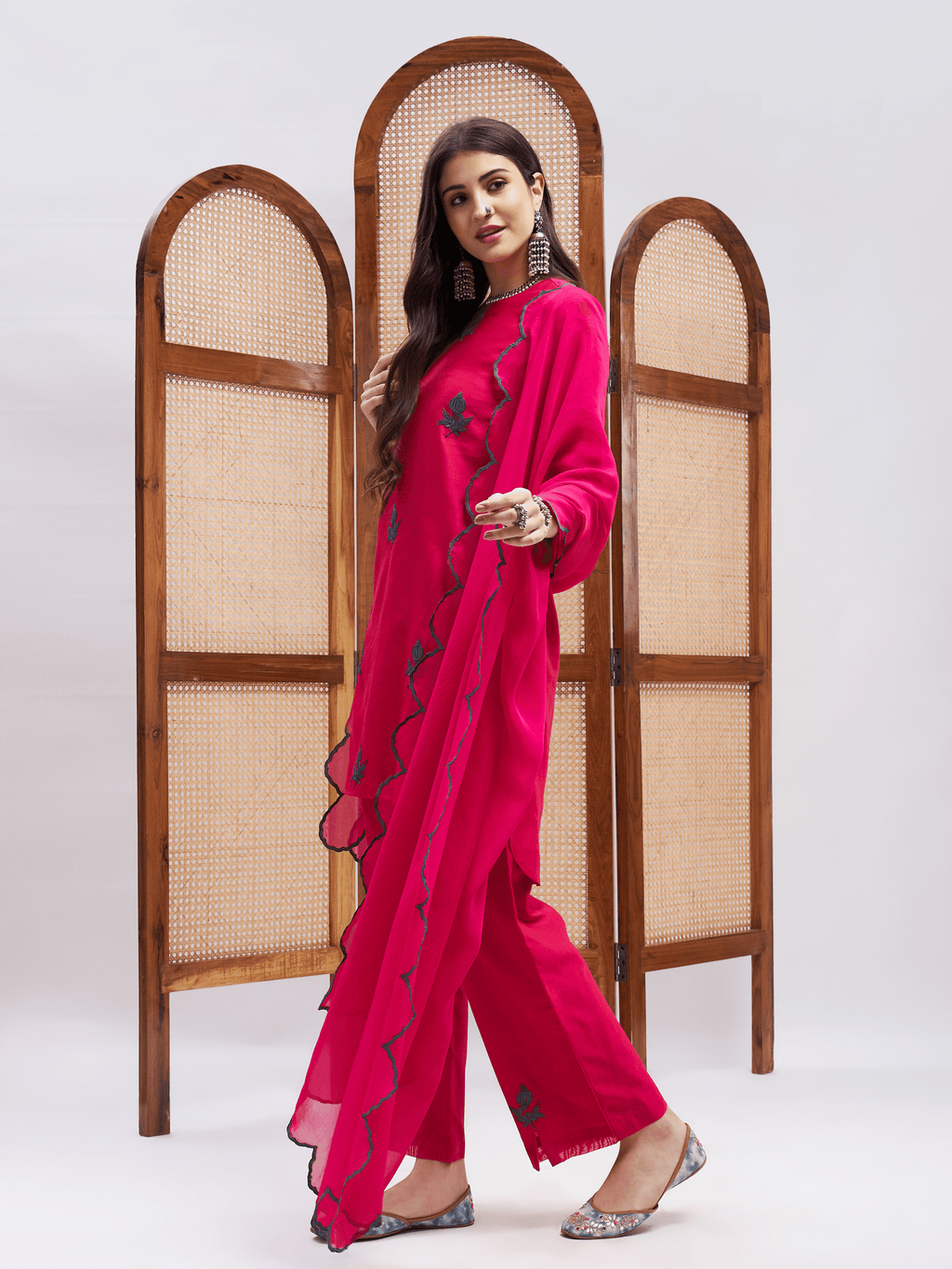 Pink Resham Embroidered Festive Wear Kurta Set with Dupatta at Kamakhyaa by RoohbyRidhimaa. This item is Chanderi Silk, Dupattas, Embroidered, Festive Wear, Kurta Set with Dupattas, Kurta Sets, Pink, Relaxed Fit, Resham, Resham Embroidered, Silk Chanderi, Toxin free