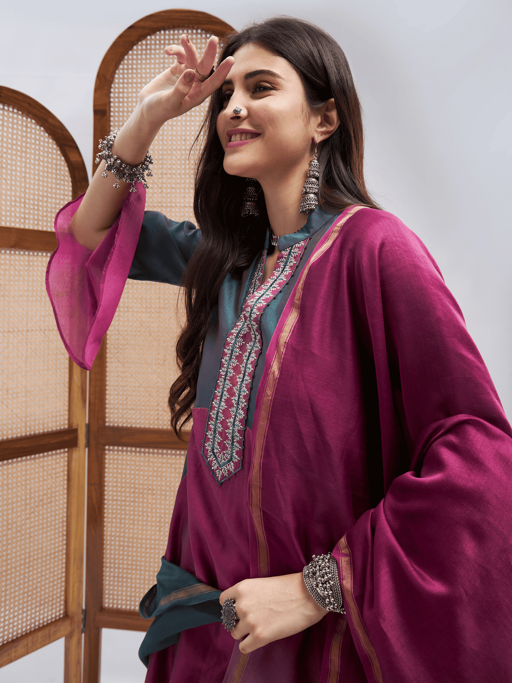 Pink Resham Embroidered Kurta Set with Dupatta at Kamakhyaa by RoohbyRidhimaa. This item is Chanderi Silk, Dupattas, Festive Wear, Kurta Set with Dupattas, Pink, Relaxed Fit, Resham Embroidered, Silk Chanderi, Toxin free