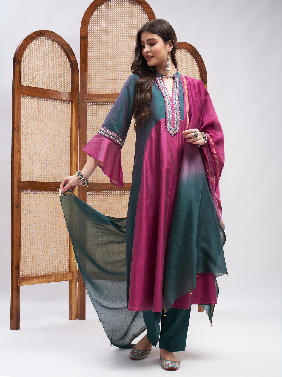Pink Resham Embroidered Kurta Set with Dupatta at Kamakhyaa by RoohbyRidhimaa. This item is Chanderi Silk, Dupattas, Festive Wear, Kurta Set with Dupattas, Pink, Relaxed Fit, Resham Embroidered, Silk Chanderi, Toxin free