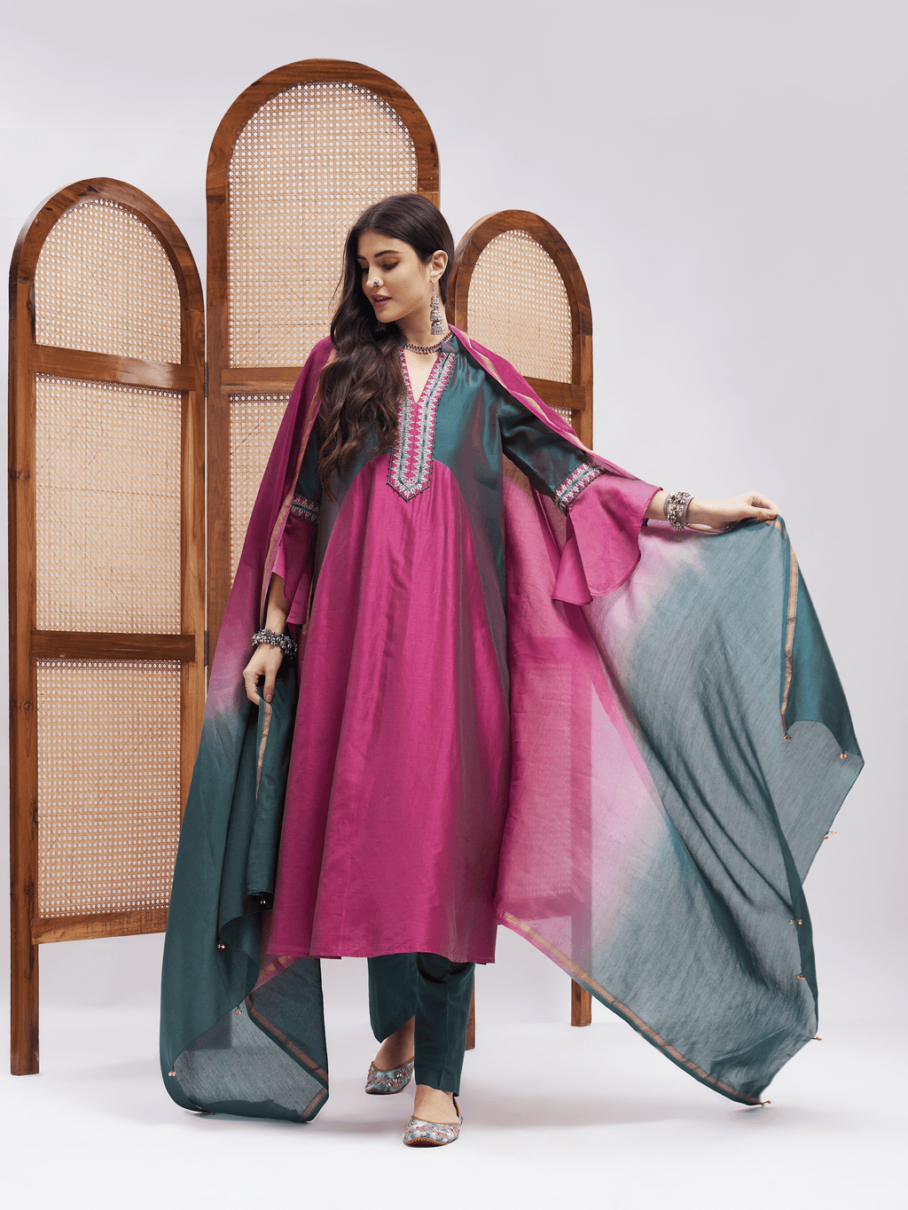 Pink Resham Embroidered Kurta Set with Dupatta at Kamakhyaa by RoohbyRidhimaa. This item is Chanderi Silk, Dupattas, Festive Wear, Kurta Set with Dupattas, Pink, Relaxed Fit, Resham Embroidered, Silk Chanderi, Toxin free
