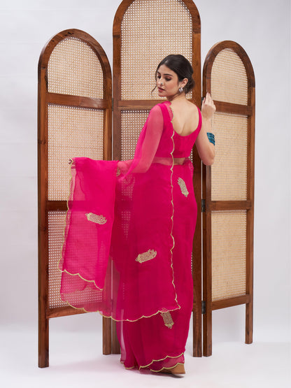 Pink Resham Embroidered Silk Saree Set at Kamakhyaa by RoohbyRidhimaa. This item is Embroidered, Festive Wear, Free Size, Pink, Resham Embroidered, Saree Sets, Toxin free