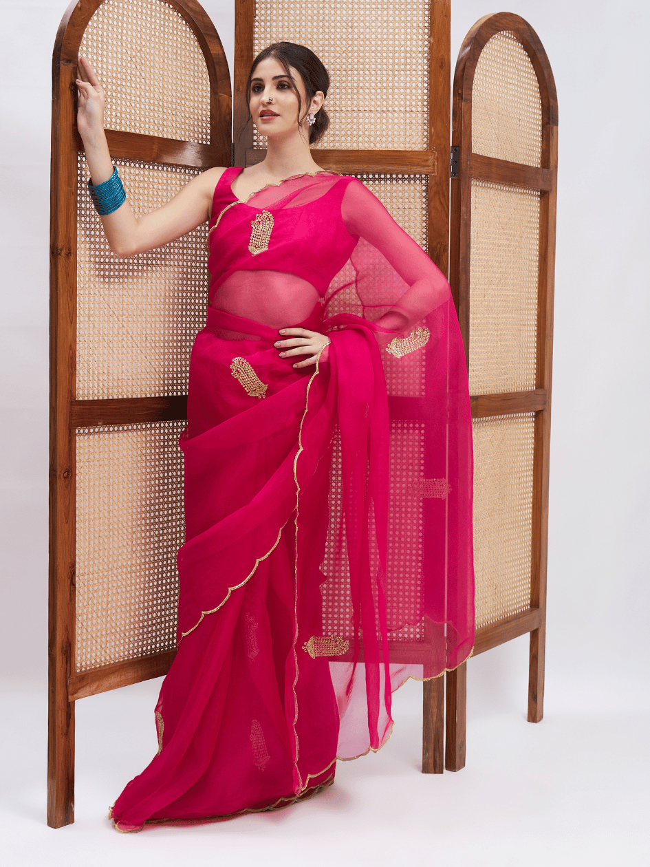 Pink Resham Embroidered Silk Saree Set at Kamakhyaa by RoohbyRidhimaa. This item is Embroidered, Festive Wear, Free Size, Pink, Resham Embroidered, Saree Sets, Toxin free