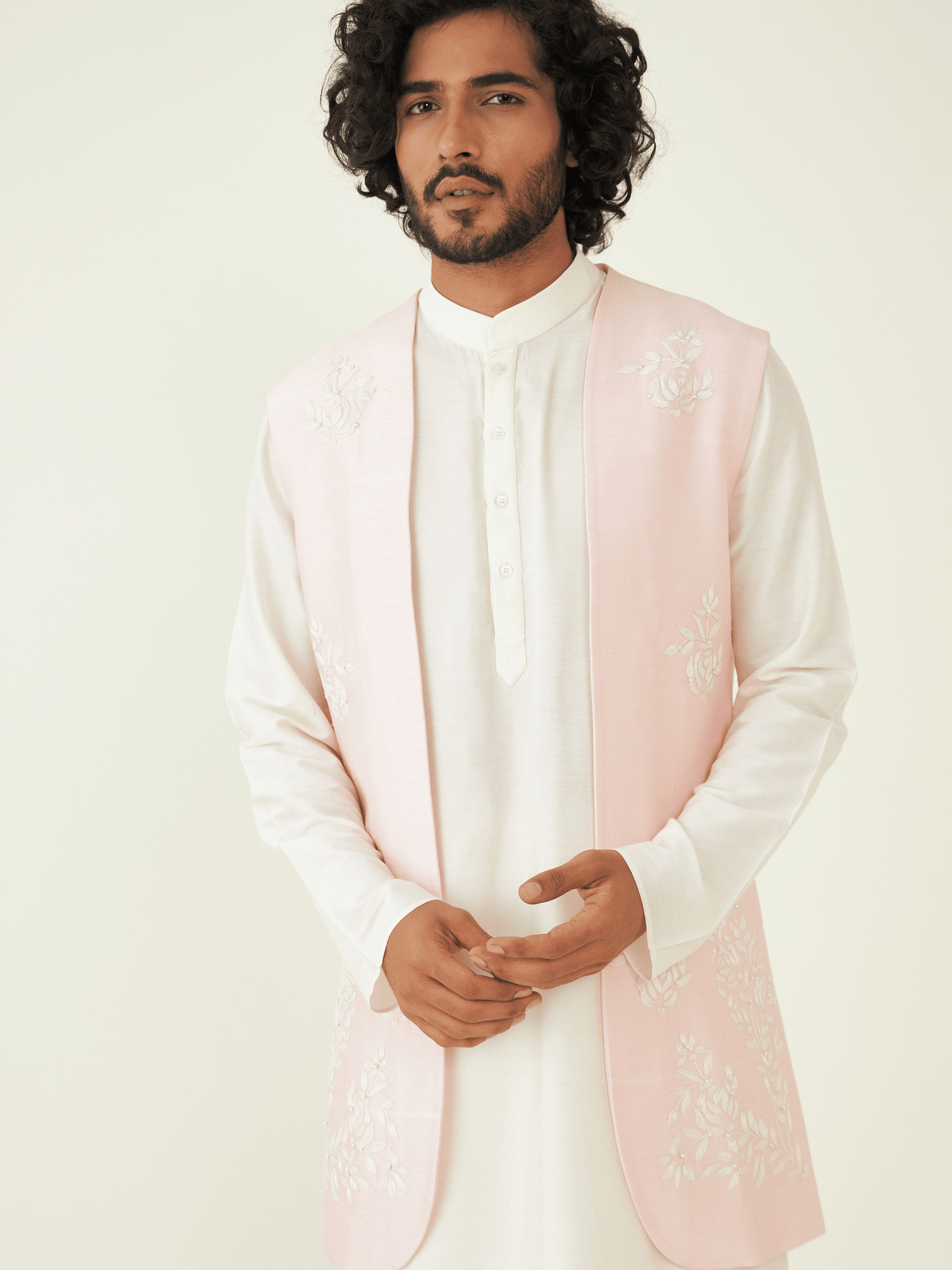 Pink Resham Embroidered Viscose Silk Jacket at Kamakhyaa by RoohbyRidhimaa. This item is Festive Wear, Hand Pearl Embroidered, Jackets, Men Jackets, Menswear By RoohbyRidhimaa, Pink, Qala By RoohbyRidhimaa, Regular Fit, Resham, Resham Embroidered, Viscose Raw Silk