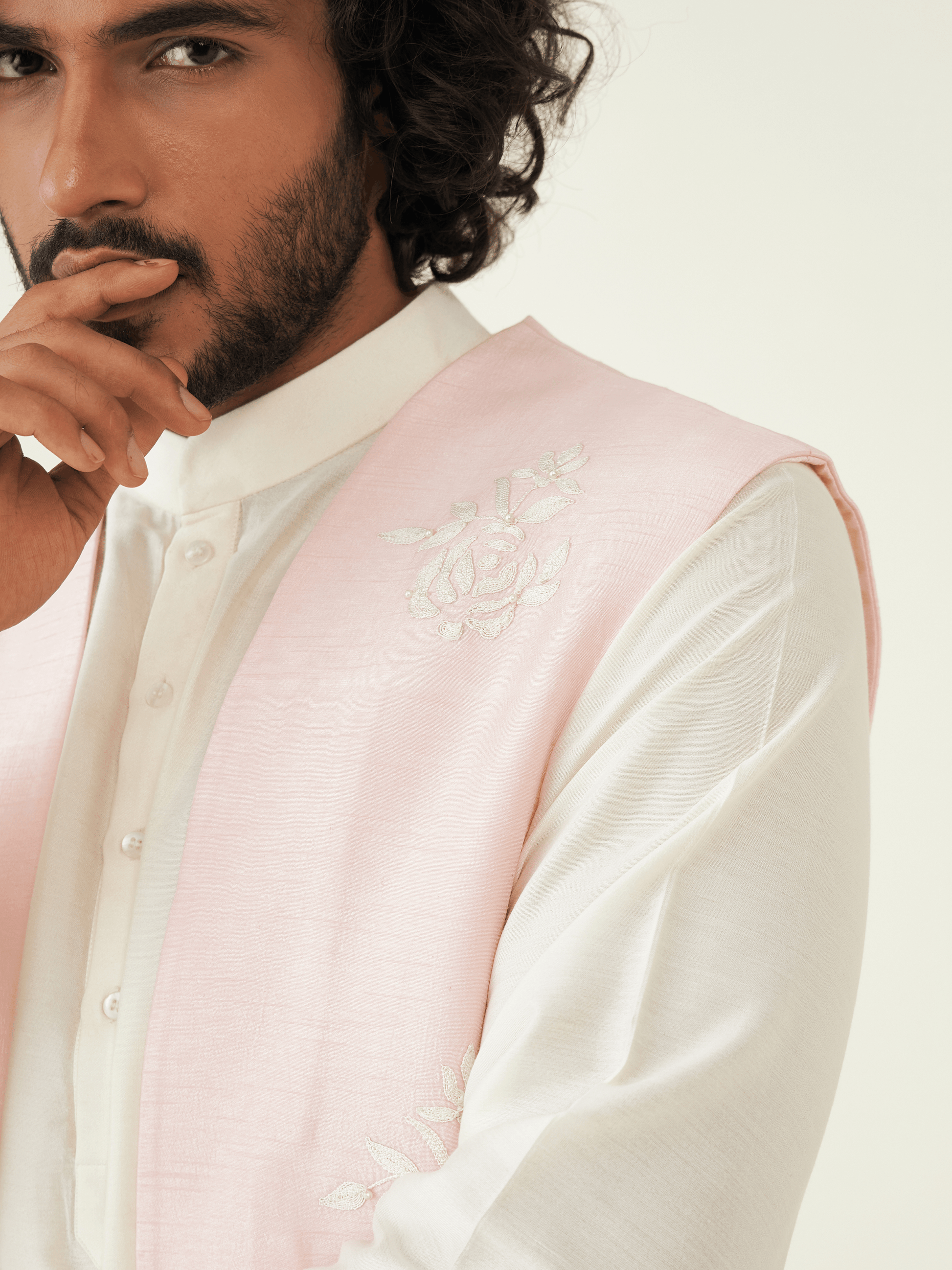 Pink Resham Embroidered Viscose Silk Jacket at Kamakhyaa by RoohbyRidhimaa. This item is Festive Wear, Hand Pearl Embroidered, Jackets, Men Jackets, Menswear By RoohbyRidhimaa, Pink, Qala By RoohbyRidhimaa, Regular Fit, Resham, Resham Embroidered, Viscose Raw Silk