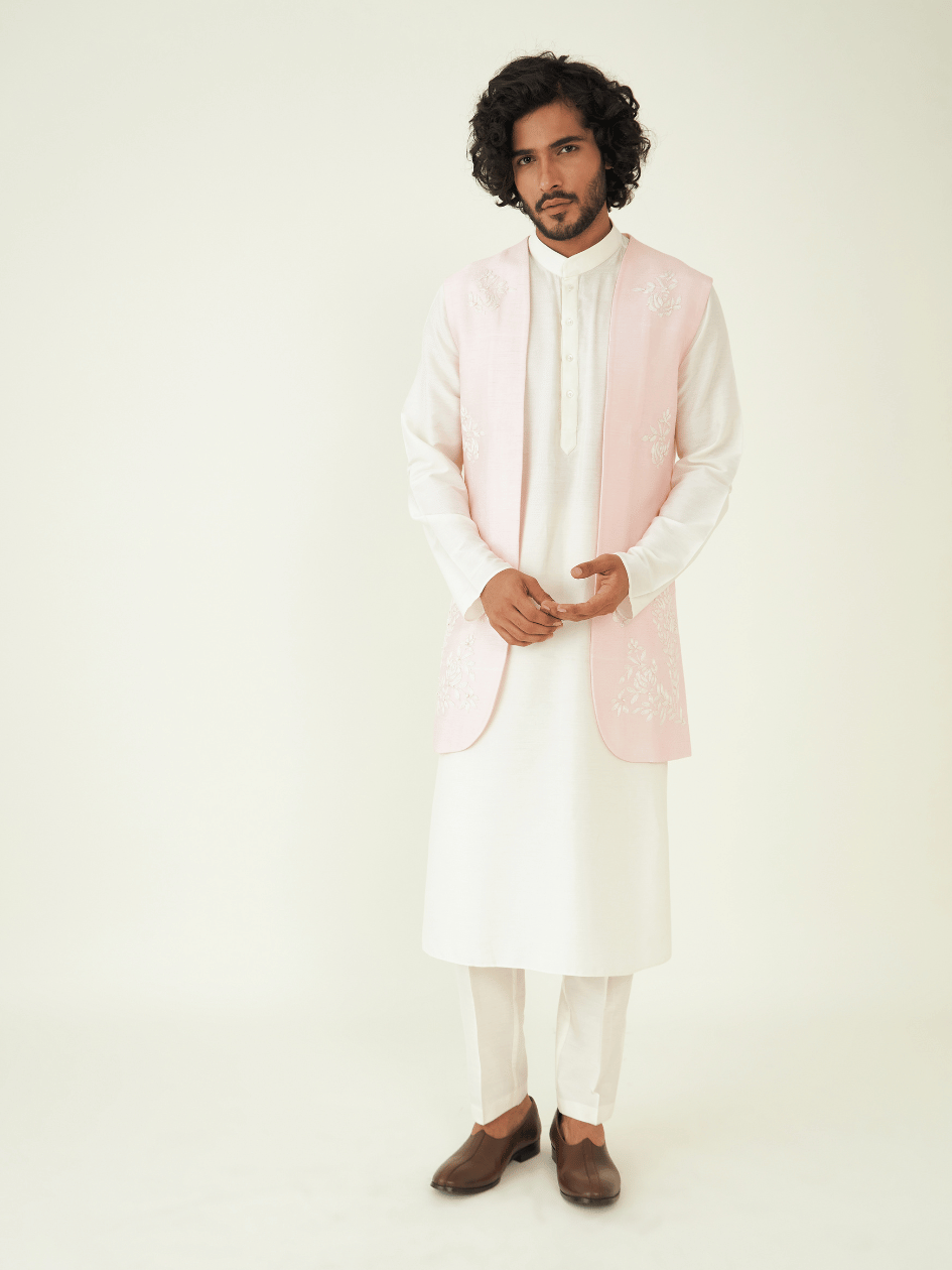 Pink Resham Embroidered Viscose Silk Jacket at Kamakhyaa by RoohbyRidhimaa. This item is Festive Wear, Hand Pearl Embroidered, Jackets, Men Jackets, Menswear By RoohbyRidhimaa, Pink, Qala By RoohbyRidhimaa, Regular Fit, Resham, Resham Embroidered, Viscose Raw Silk