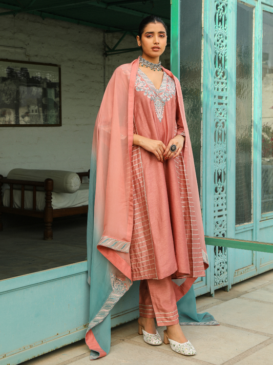 Pink Resham and Sequins Kurta Set with Dupatta at Kamakhyaa by RoohbyRidhimaa. This item is Dupattas, Embroidered, Festive Wear, Kurta Set with Dupattas, Kurta Sets, Organza, Pink, Relaxed Fit, Resham, Resham Embroidered, Sequins, Toxin free, Viscose Raw Silk