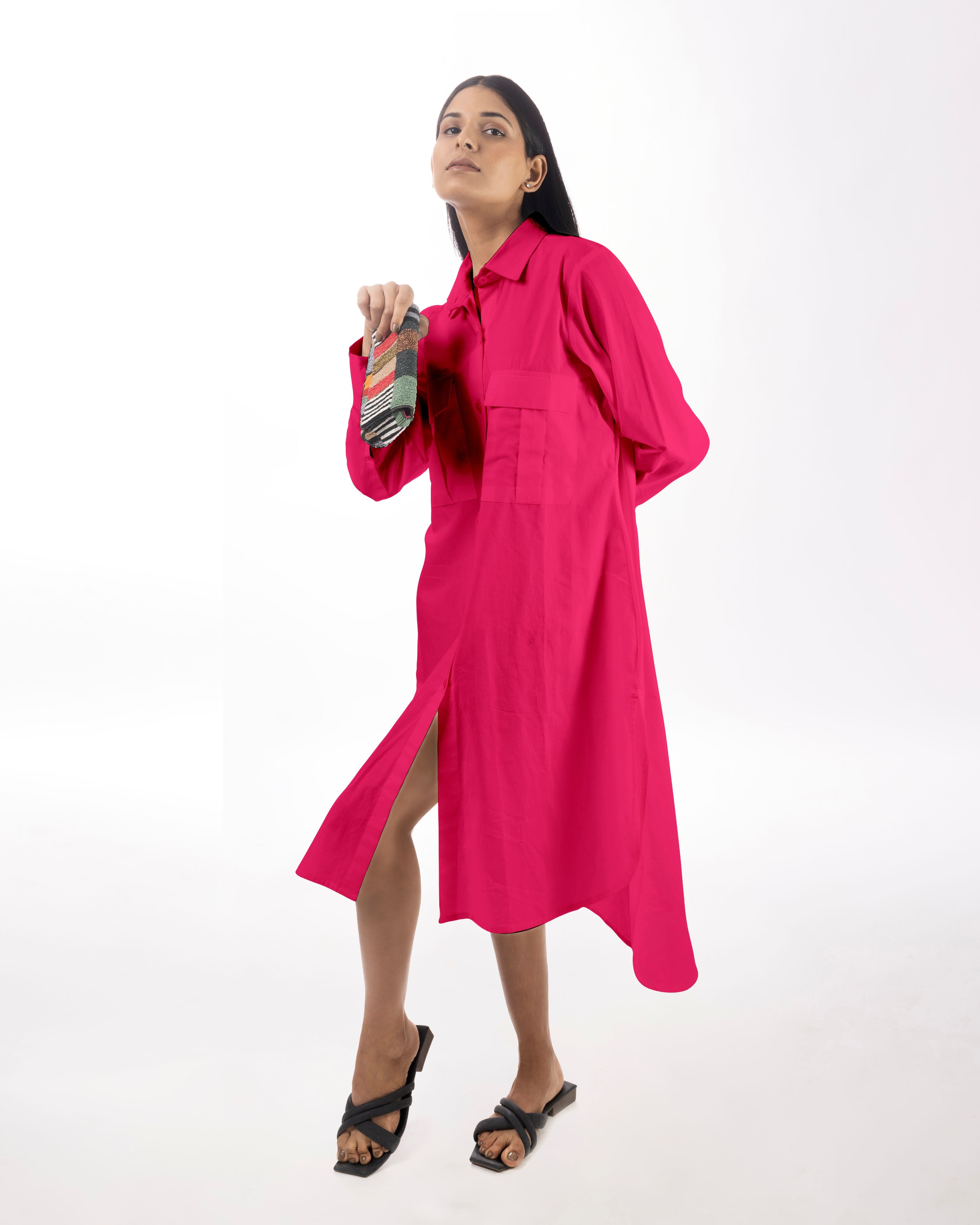 Pink Shirt Dress High-Low at Kamakhyaa by Kamakhyaa. This item is 100% pure cotton, Casual Wear, KKYSS, Natural, Pink, Relaxed Fit, Shirt Dresses, Solids, Summer Sutra, Womenswear