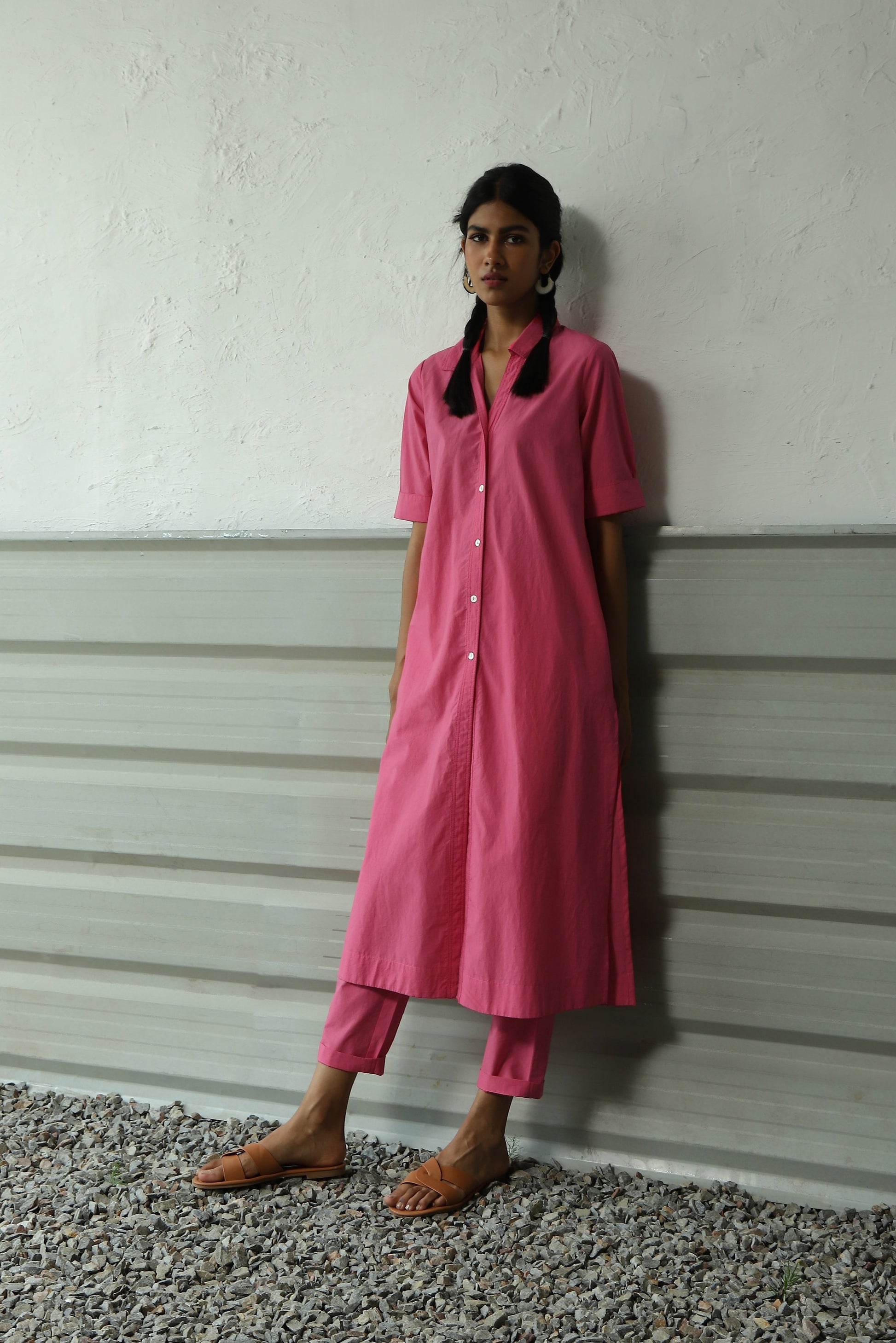 Pink Shirt Tunic Pant Set at Kamakhyaa by Canoopi. This item is Canoopi, Casual Wear, Indian Wear, Kurta Pant Sets, Natural, Pink, Poplin, Regular Fit, Solids, Womenswear