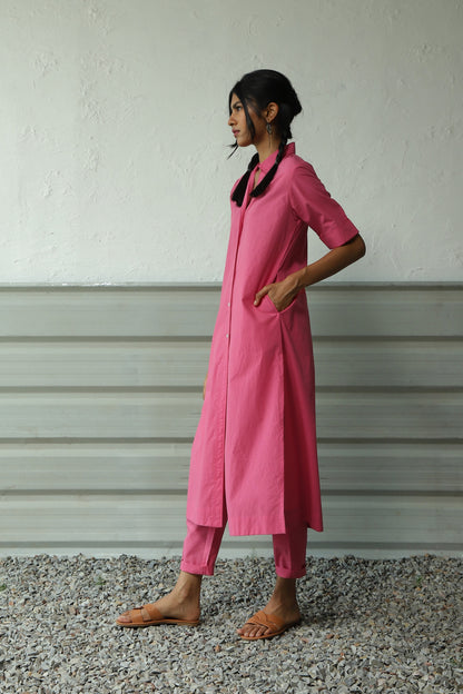 Pink Shirt Tunic Pant Set at Kamakhyaa by Canoopi. This item is Canoopi, Casual Wear, Indian Wear, Kurta Pant Sets, Natural, Pink, Poplin, Regular Fit, Solids, Womenswear